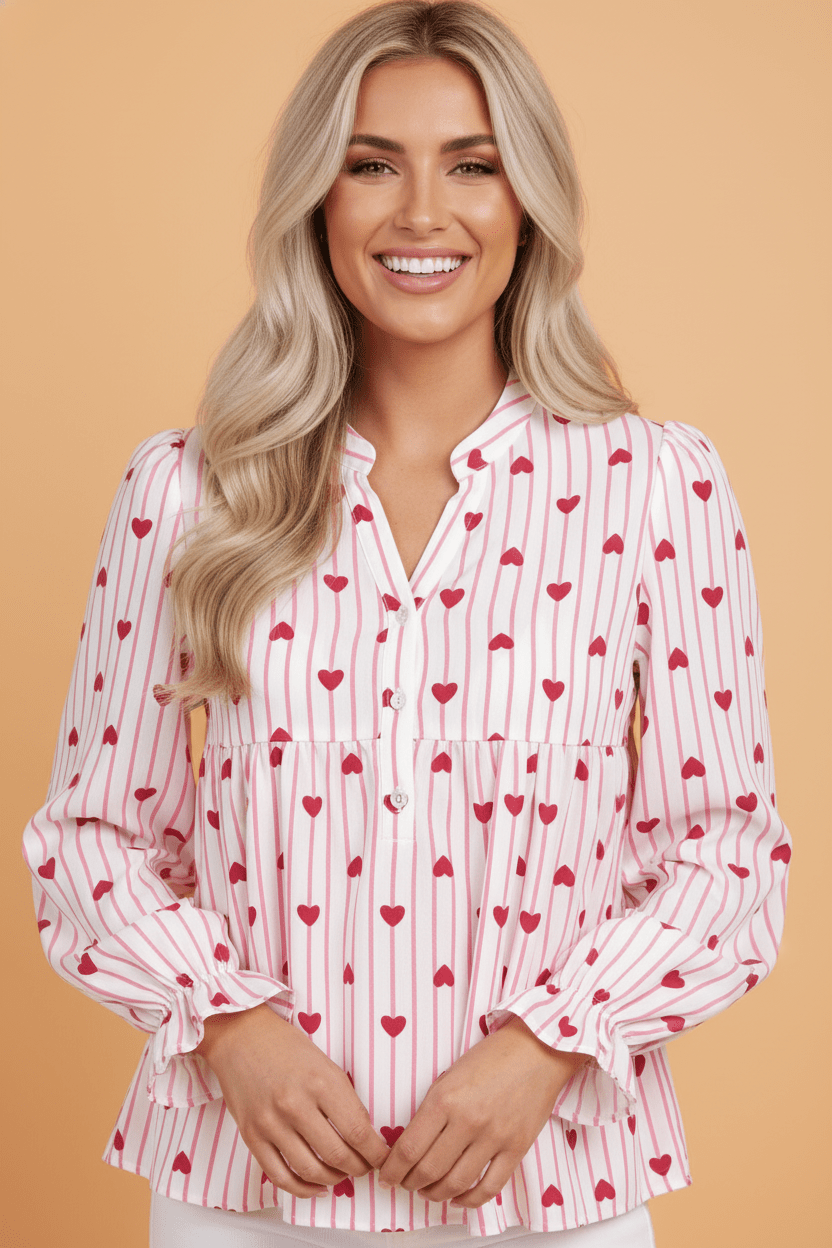 Stripe Textured Heart Flounce Sleeve Shirt - Rooted & Reckless Co.