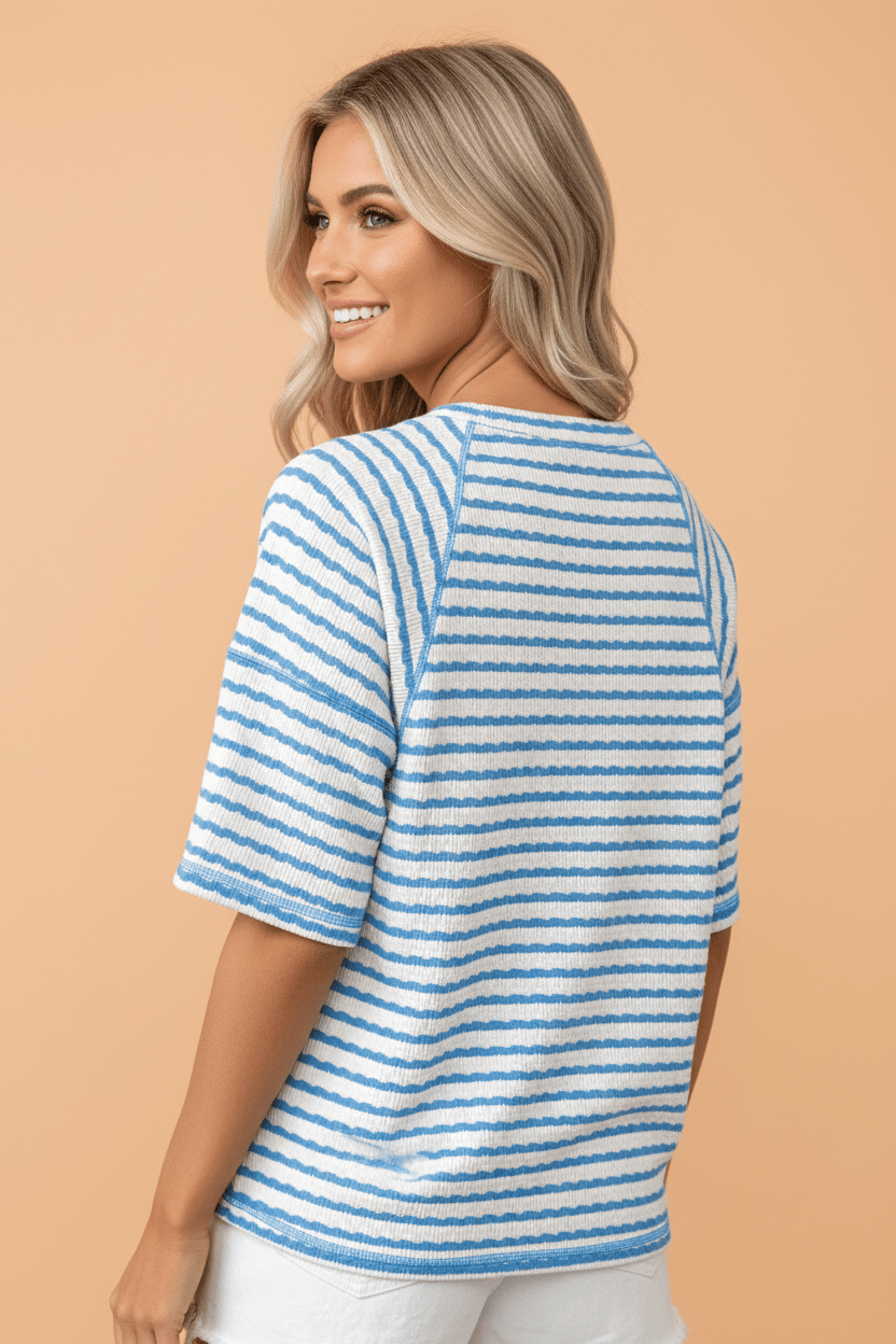 Stripe Textured Knit 3/4 Sleeve Top - Rooted & Reckless Co.