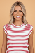 Stripe Textured Knit Buttoned Shoulder Short Sleeve Tee - Rooted & Reckless Co.