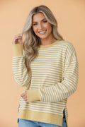 Stripe Textured Knit Contrast Trim Long Sleeve Top - Rooted & Reckless Co.
