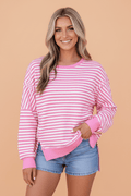 Stripe Textured Knit Exposed Seam Split Hem Sweater - Rooted & Reckless Co.