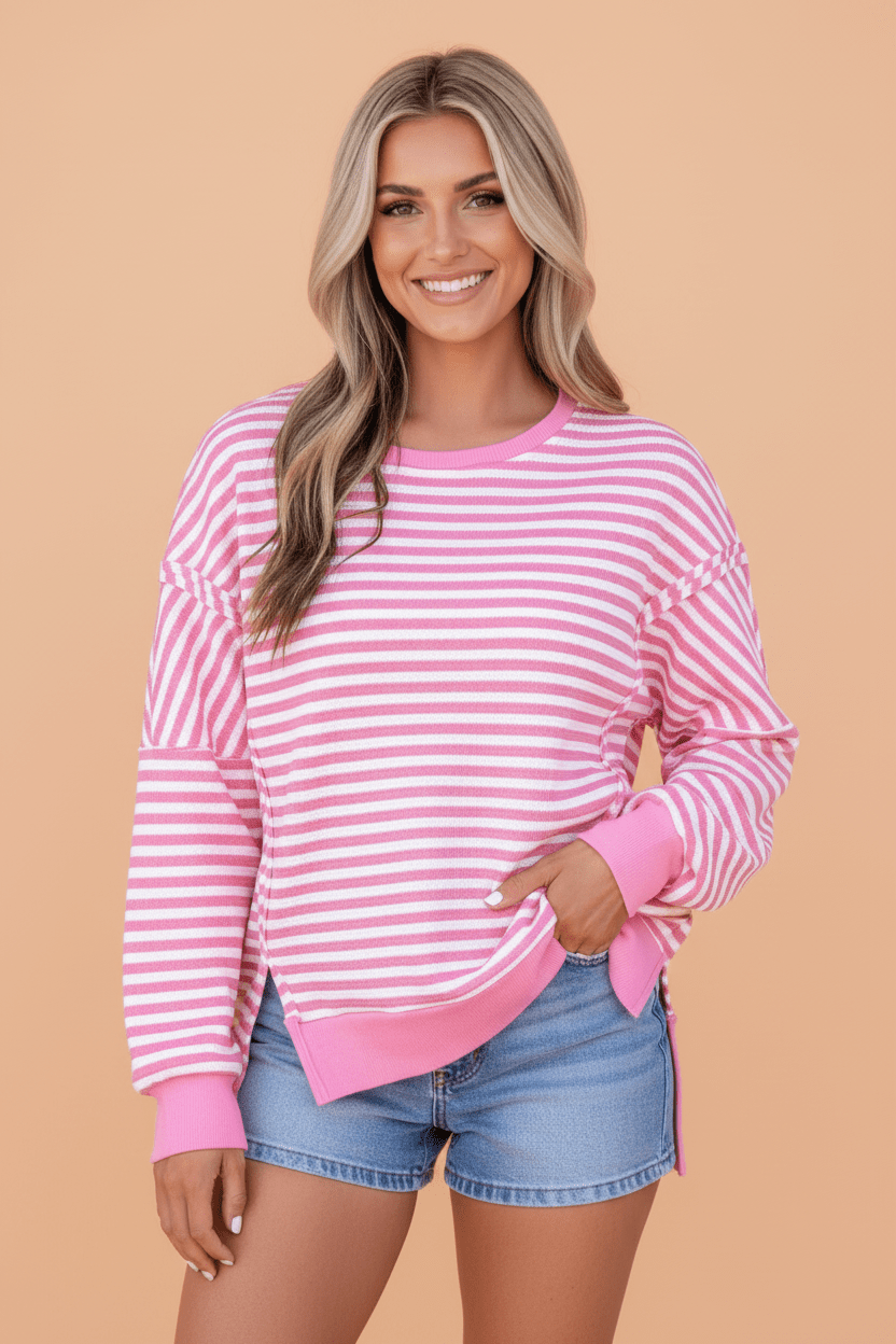 Stripe Textured Knit Exposed Seam Split Hem Sweater - Rooted & Reckless Co.