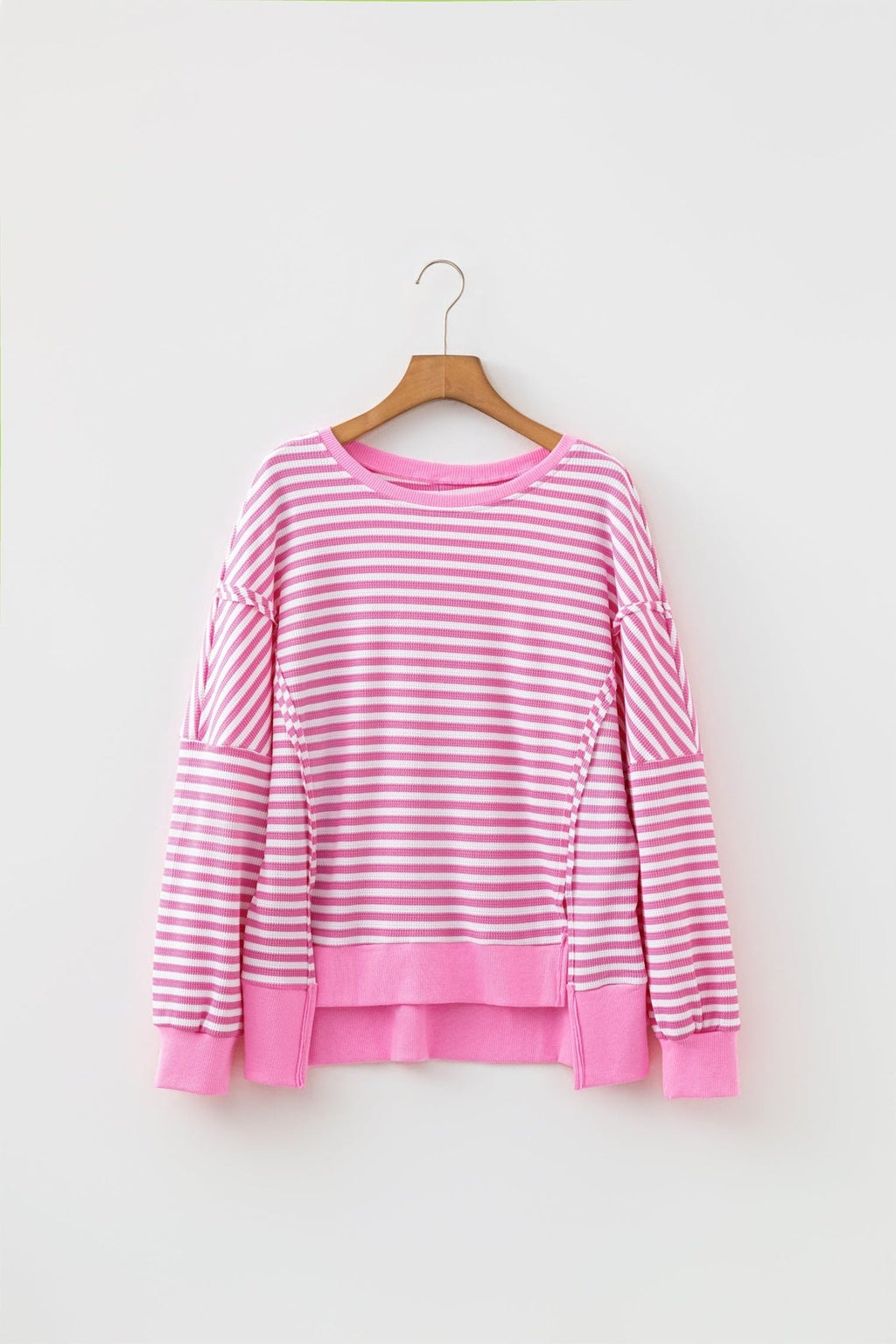 Stripe Textured Knit Exposed Seam Split Hem Sweater - Rooted & Reckless Co.