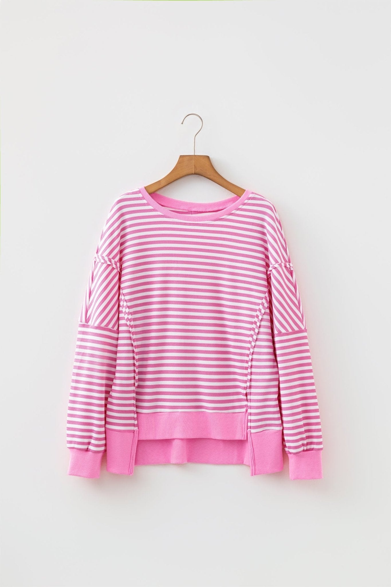 Stripe Textured Knit Exposed Seam Split Hem Sweater - Rooted & Reckless Co.