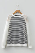 Stripe Textured Knit Lace Patchwork Long Sleeve Top - Rooted & Reckless Co.