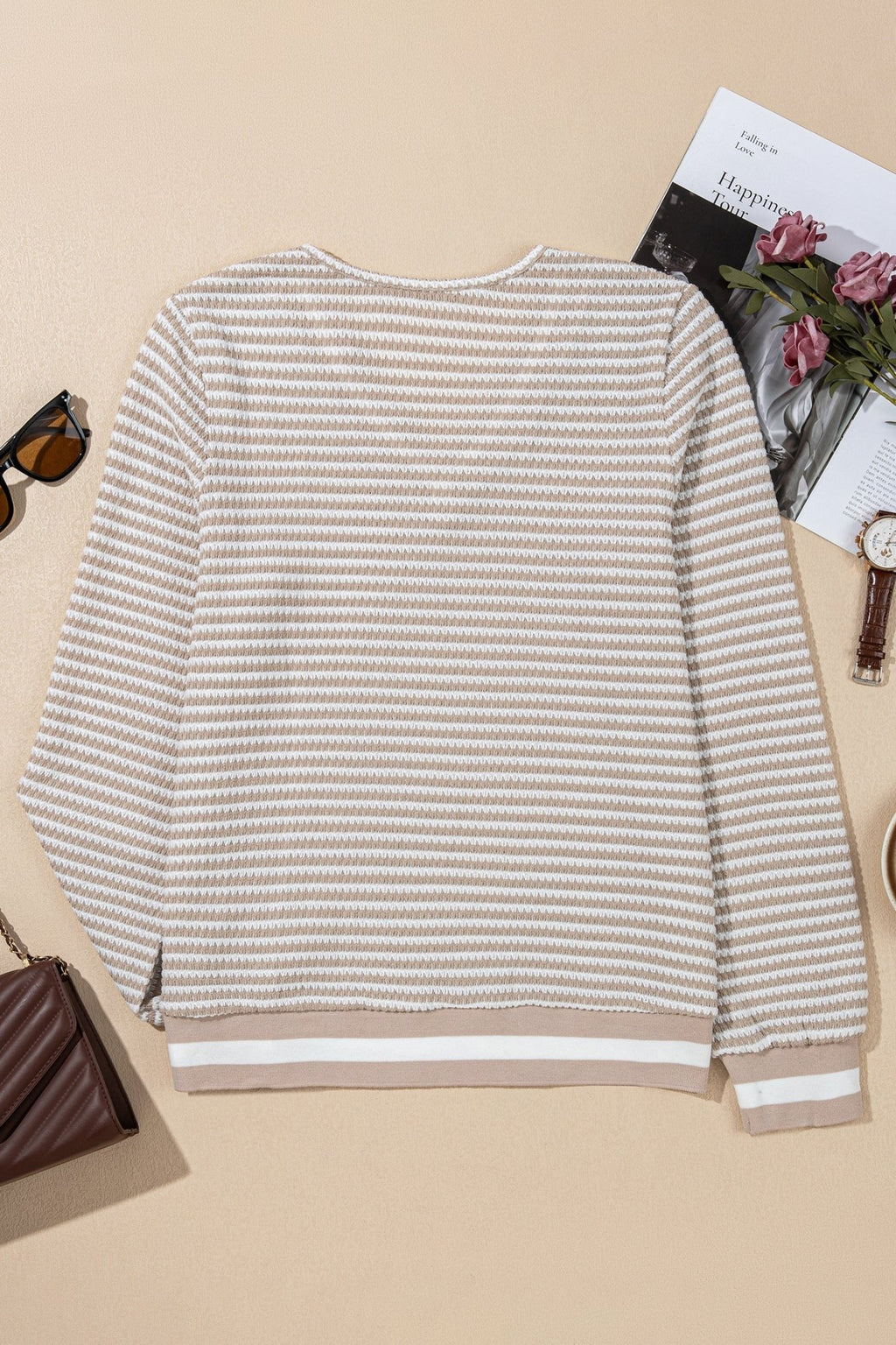Stripe Textured Knit Long Sleeve V-Neck Top - Rooted & Reckless Co.