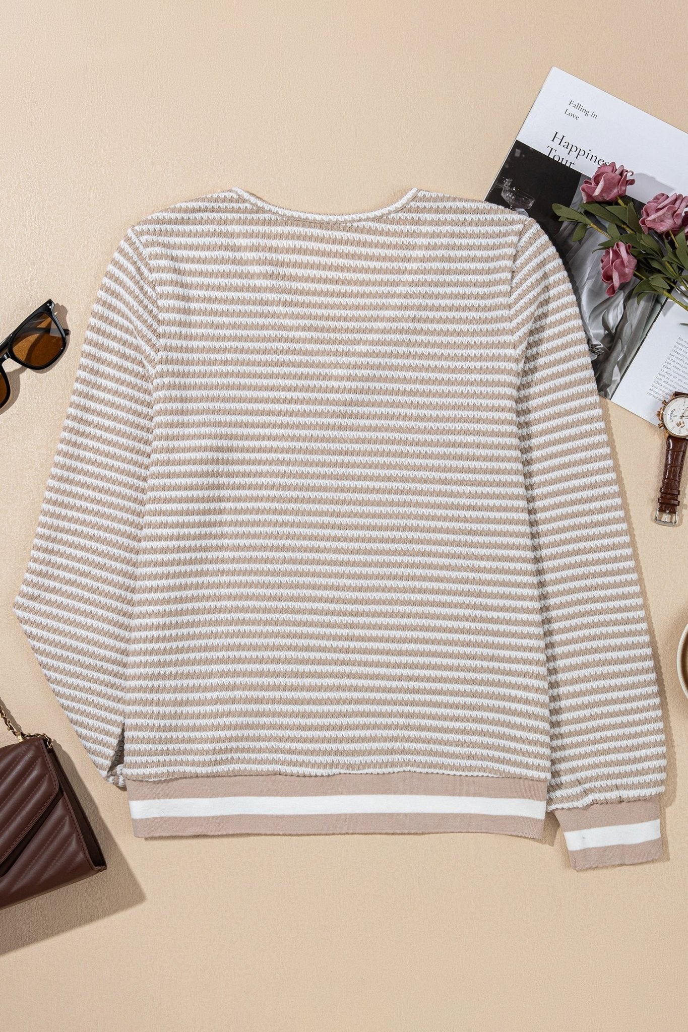 Stripe Textured Knit Long Sleeve V-Neck Top - Rooted & Reckless Co.