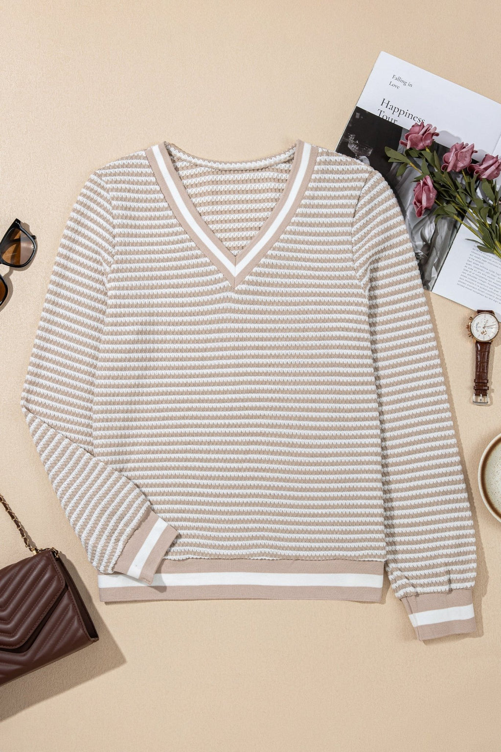 Stripe Textured Knit Long Sleeve V-Neck Top - Rooted & Reckless Co.