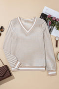 Stripe Textured Knit Long Sleeve V-Neck Top - Rooted & Reckless Co.