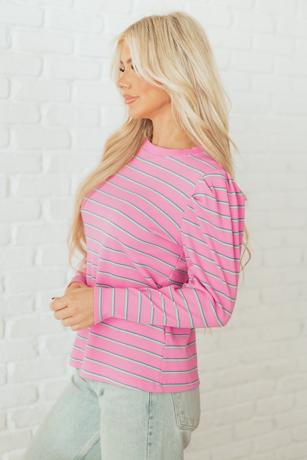 Stripe Textured Knit Round Neck Long Sleeve Top - Rooted & Reckless Co.