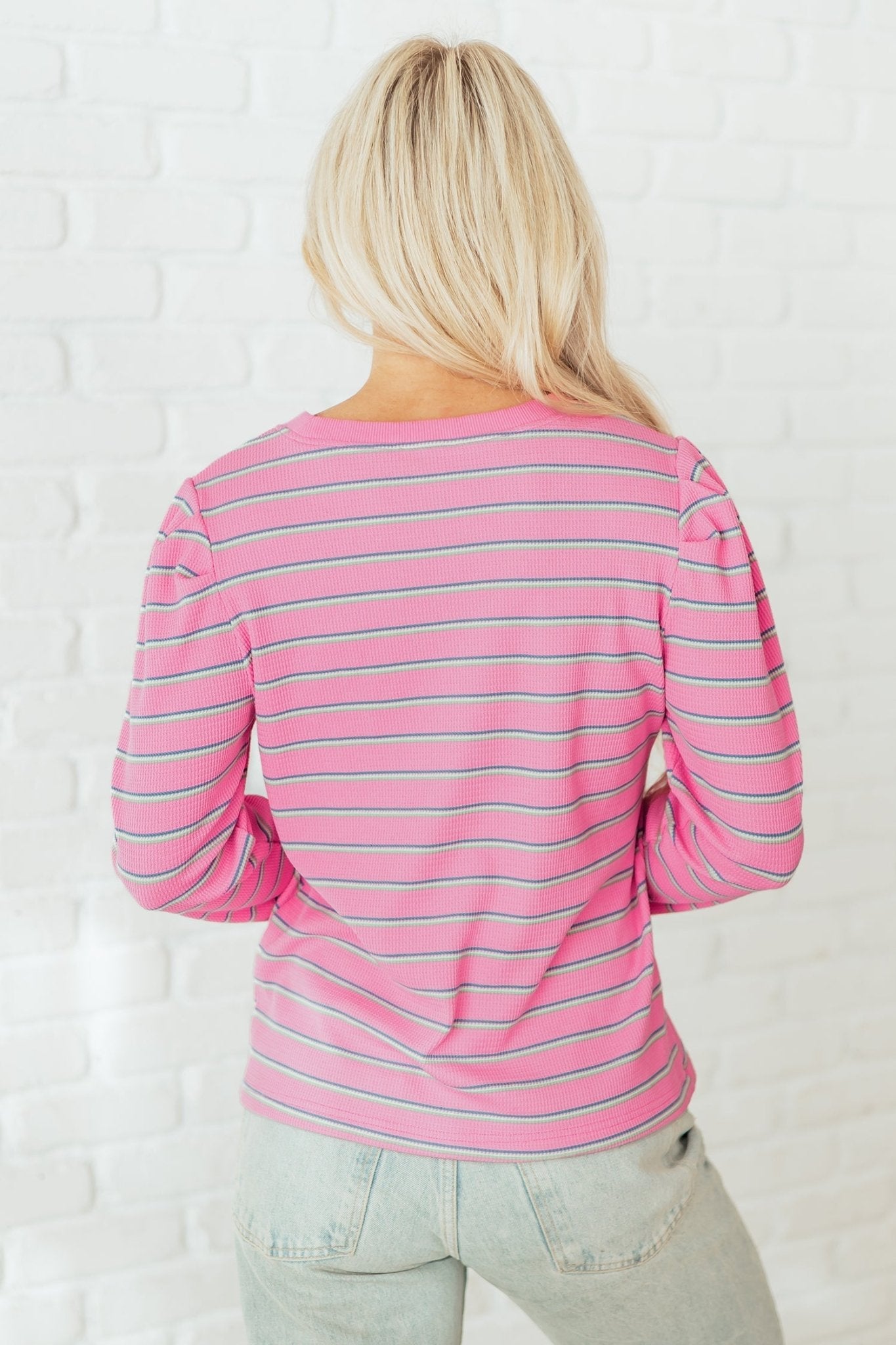 Stripe Textured Knit Round Neck Long Sleeve Top - Rooted & Reckless Co.