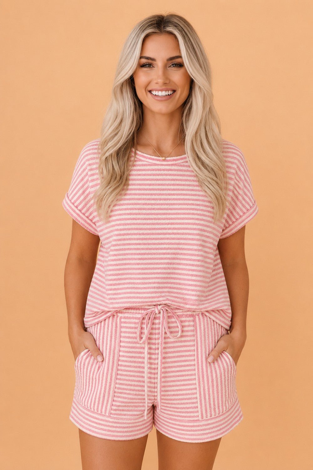 Stripe Textured Knit Top & Short Set - Rooted & Reckless Co.