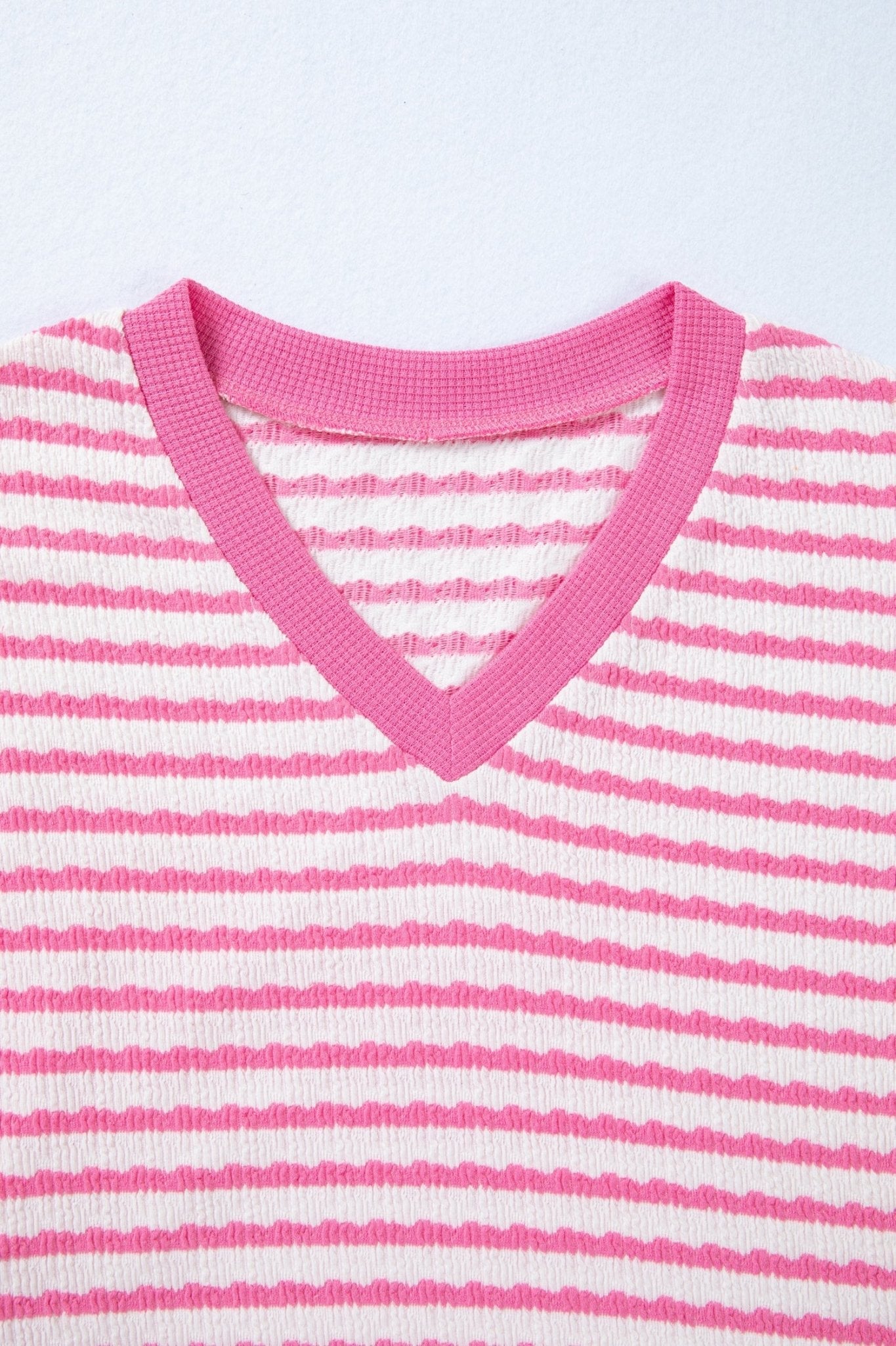 Stripe Textured Knit V-Neck Short Sleeve Top - Rooted & Reckless Co.
