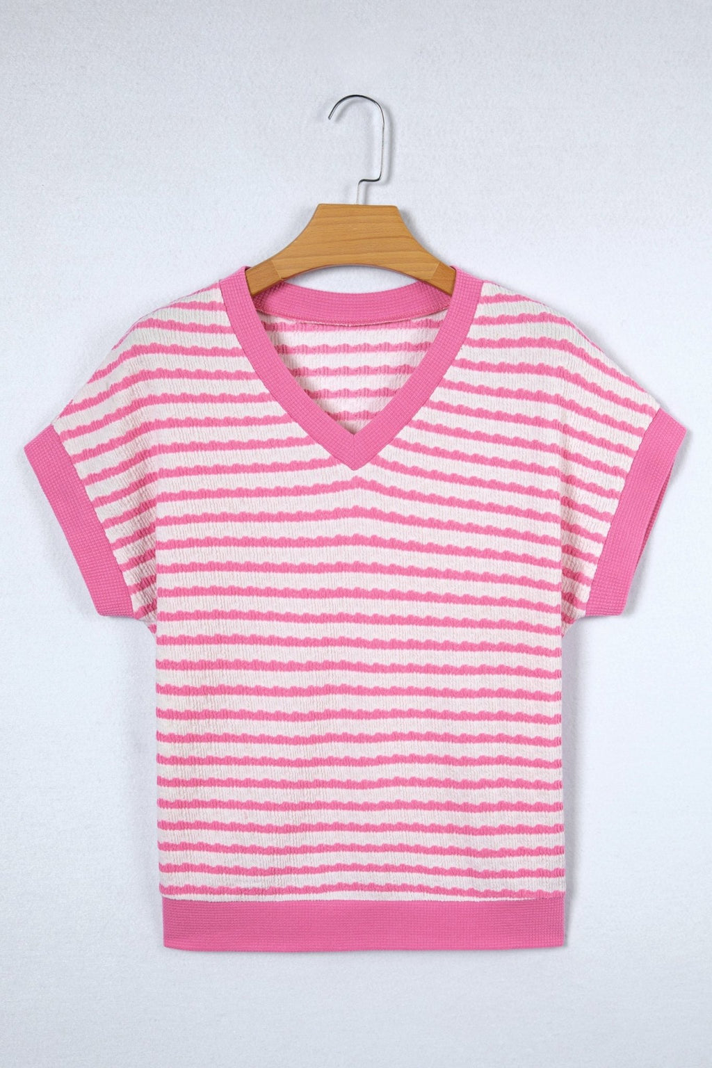 Stripe Textured Knit V-Neck Short Sleeve Top - Rooted & Reckless Co.