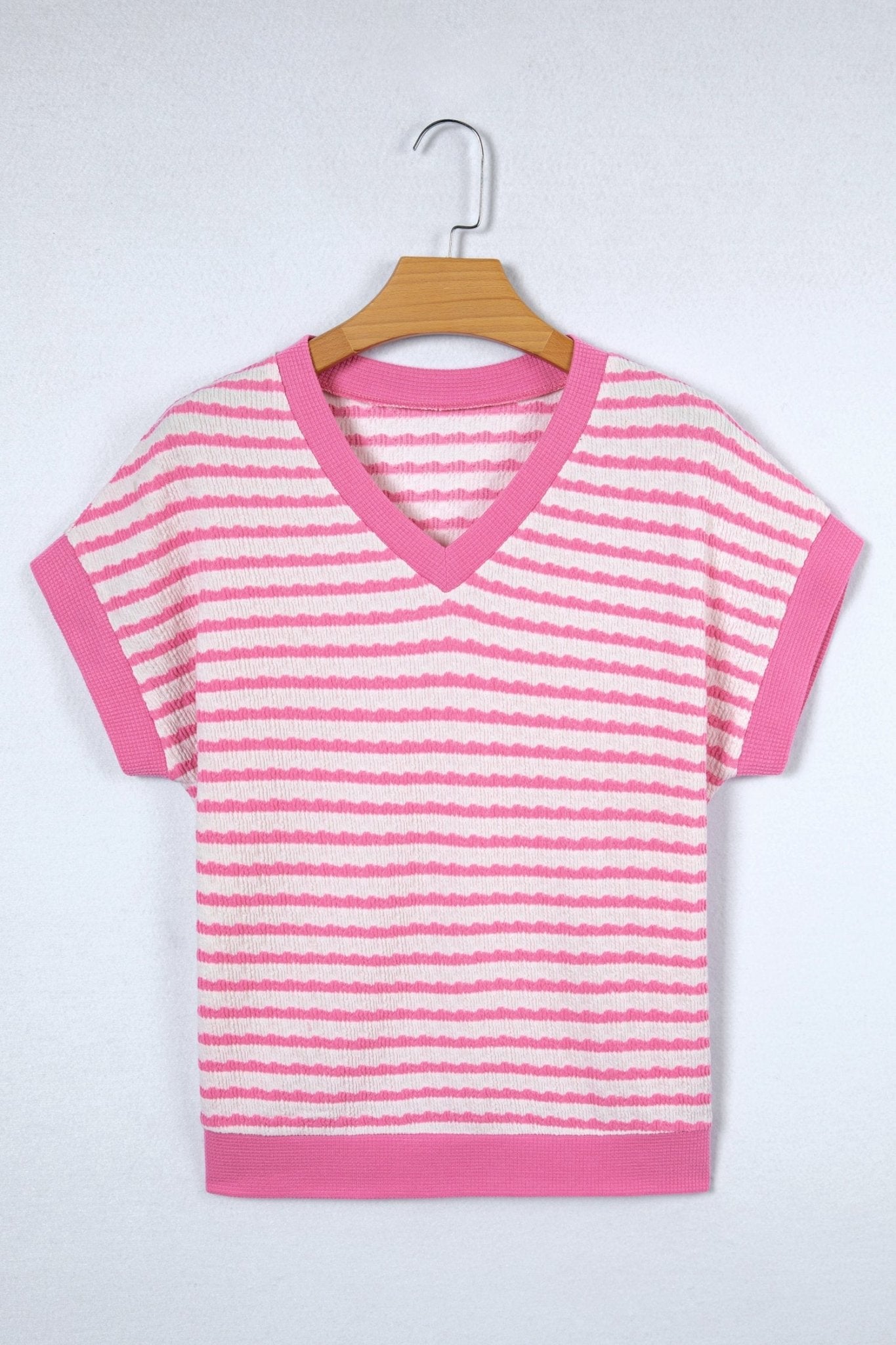 Stripe Textured Knit V-Neck Short Sleeve Top - Rooted & Reckless Co.