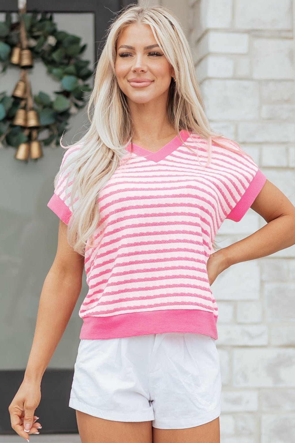 Stripe Textured Knit V-Neck Short Sleeve Top - Rooted & Reckless Co.