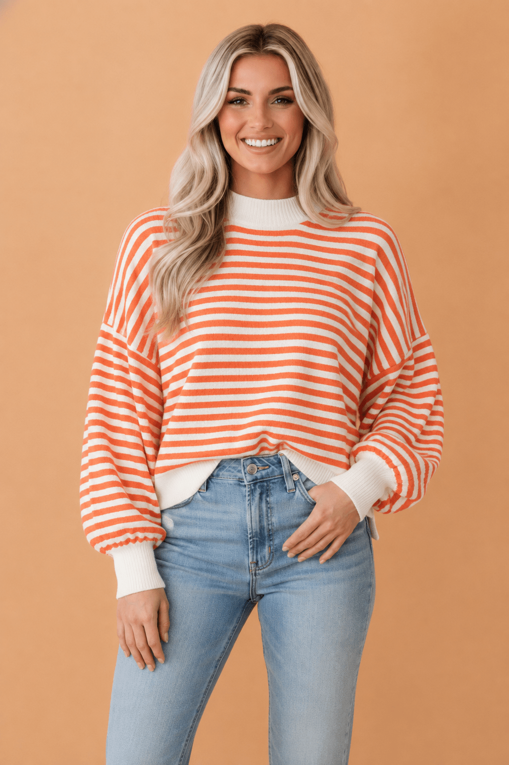 Stripe Textured Mock Neck Long Sleeve Oversized Top - Rooted & Reckless Co.