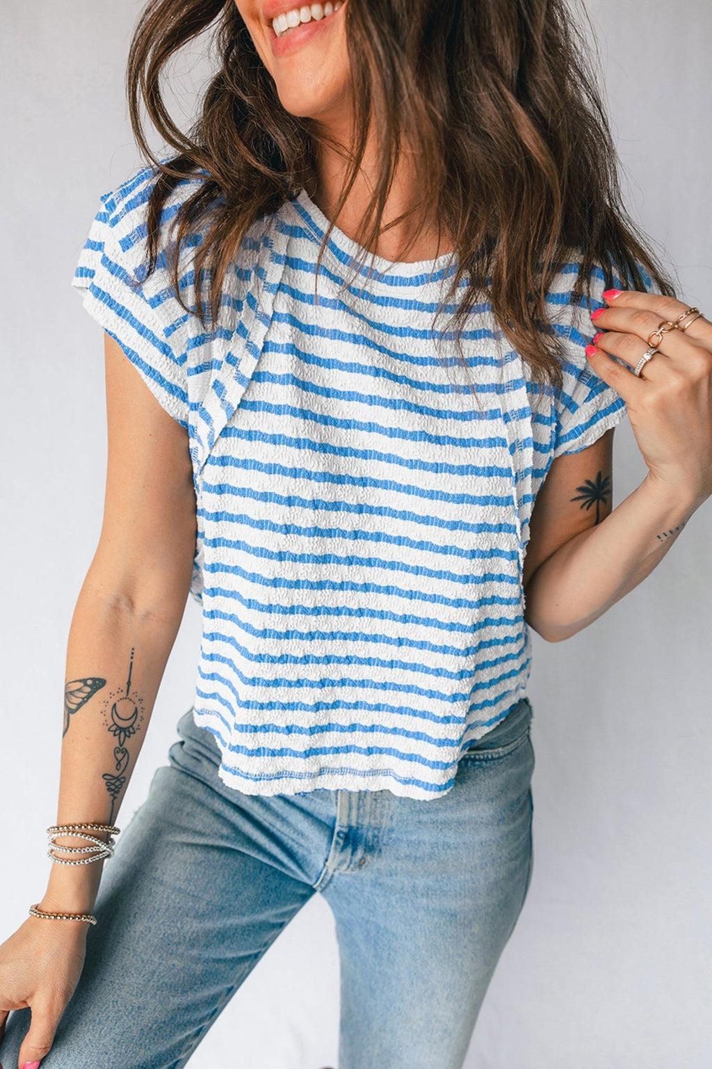 Stripe Textured Patchwork Short Sleeve T-Shirt - Rooted & Reckless Co.
