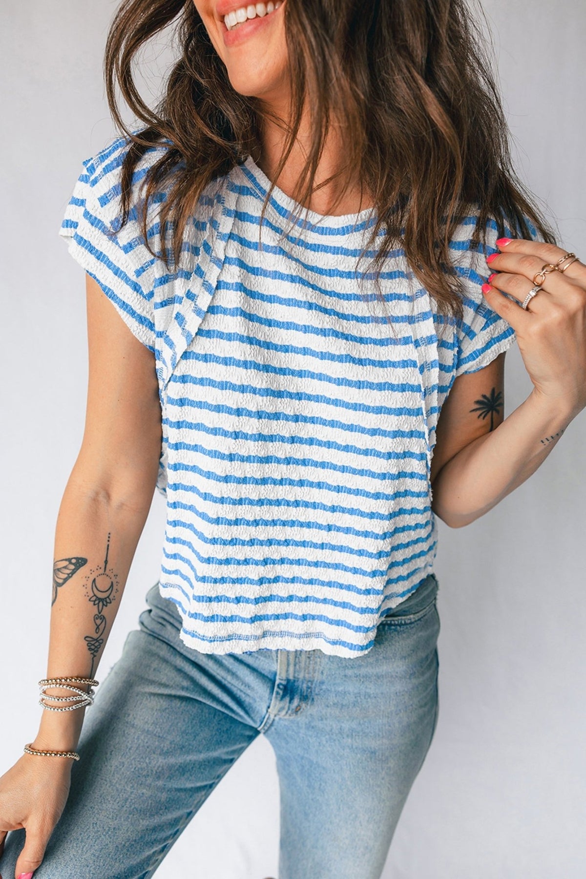 Stripe Textured Patchwork Short Sleeve T-Shirt - Rooted & Reckless Co.