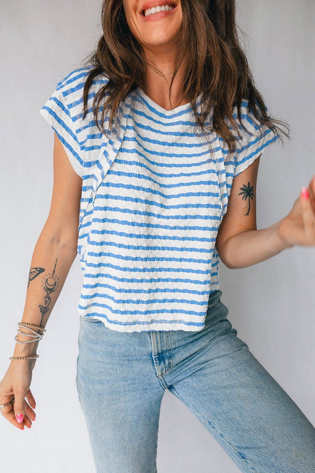 Stripe Textured Patchwork Short Sleeve T-Shirt - Rooted & Reckless Co.