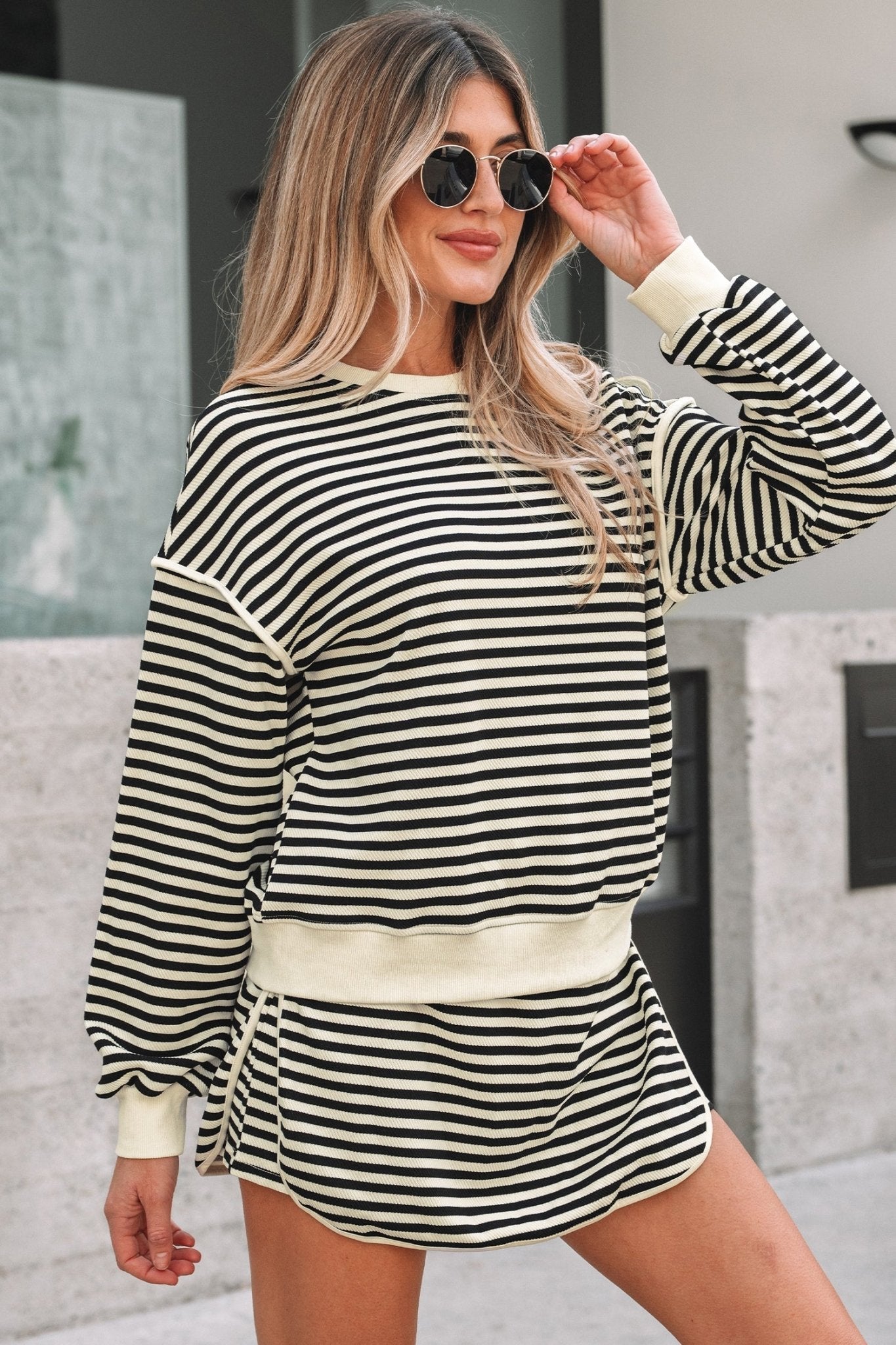 Stripe Textured Pullover Top and Mini Skirt Set - Rooted & Reckless Co.