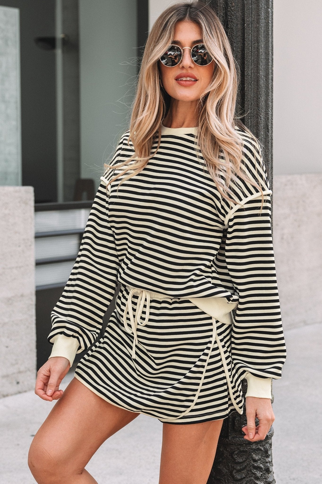 Stripe Textured Pullover Top and Mini Skirt Set - Rooted & Reckless Co.