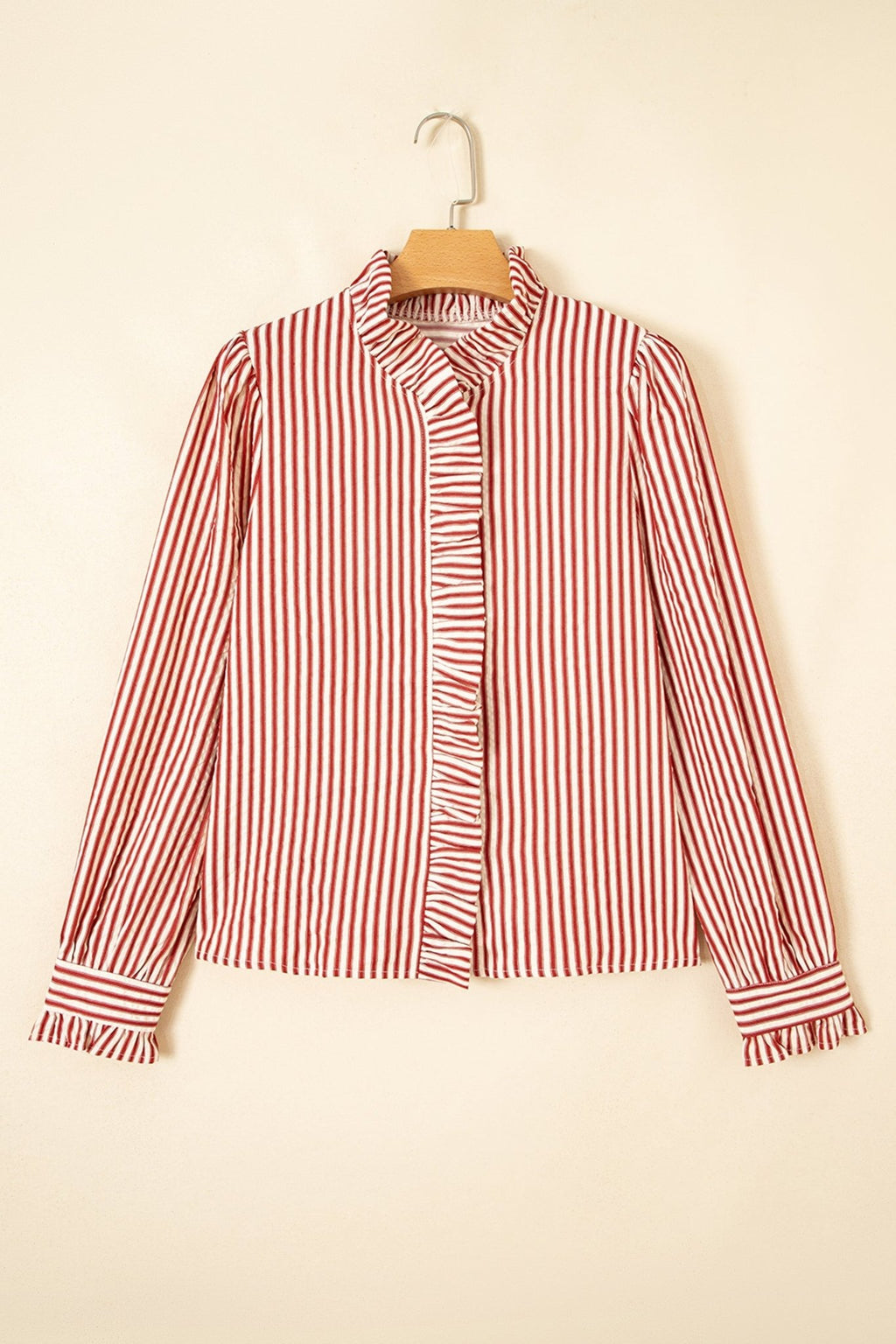 Stripe Textured Ruffle Trim Button-Up Long Sleeve Shirt - Rooted & Reckless Co.