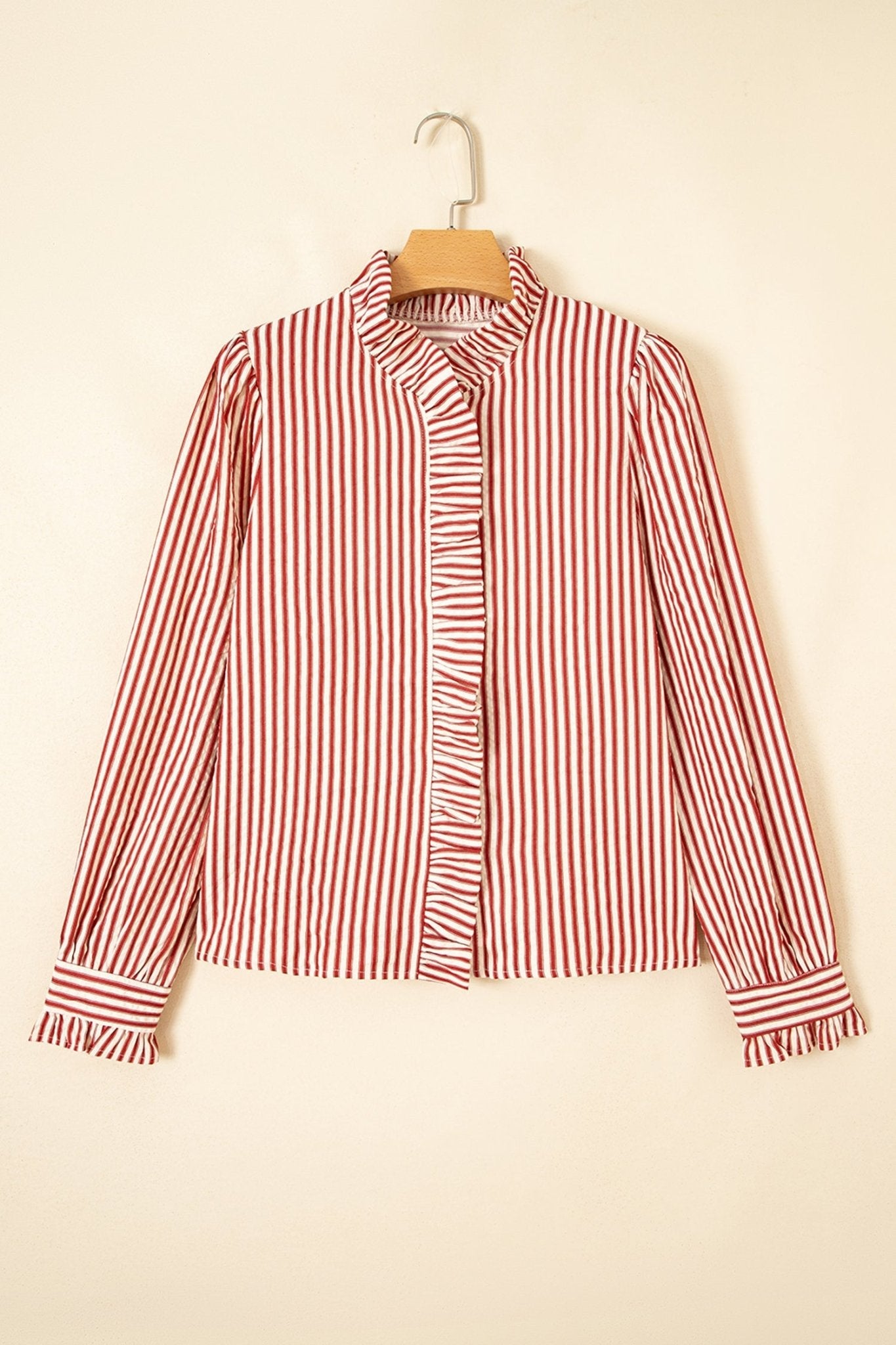 Stripe Textured Ruffle Trim Button-Up Long Sleeve Shirt - Rooted & Reckless Co.