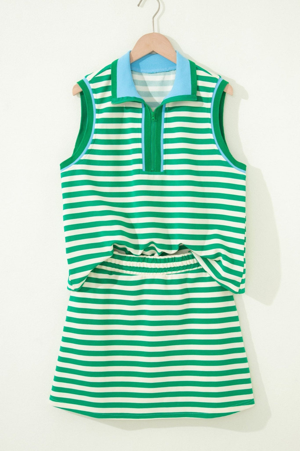 Stripe Textured Zip Collar Top & Skort Set - Rooted & Reckless Co.