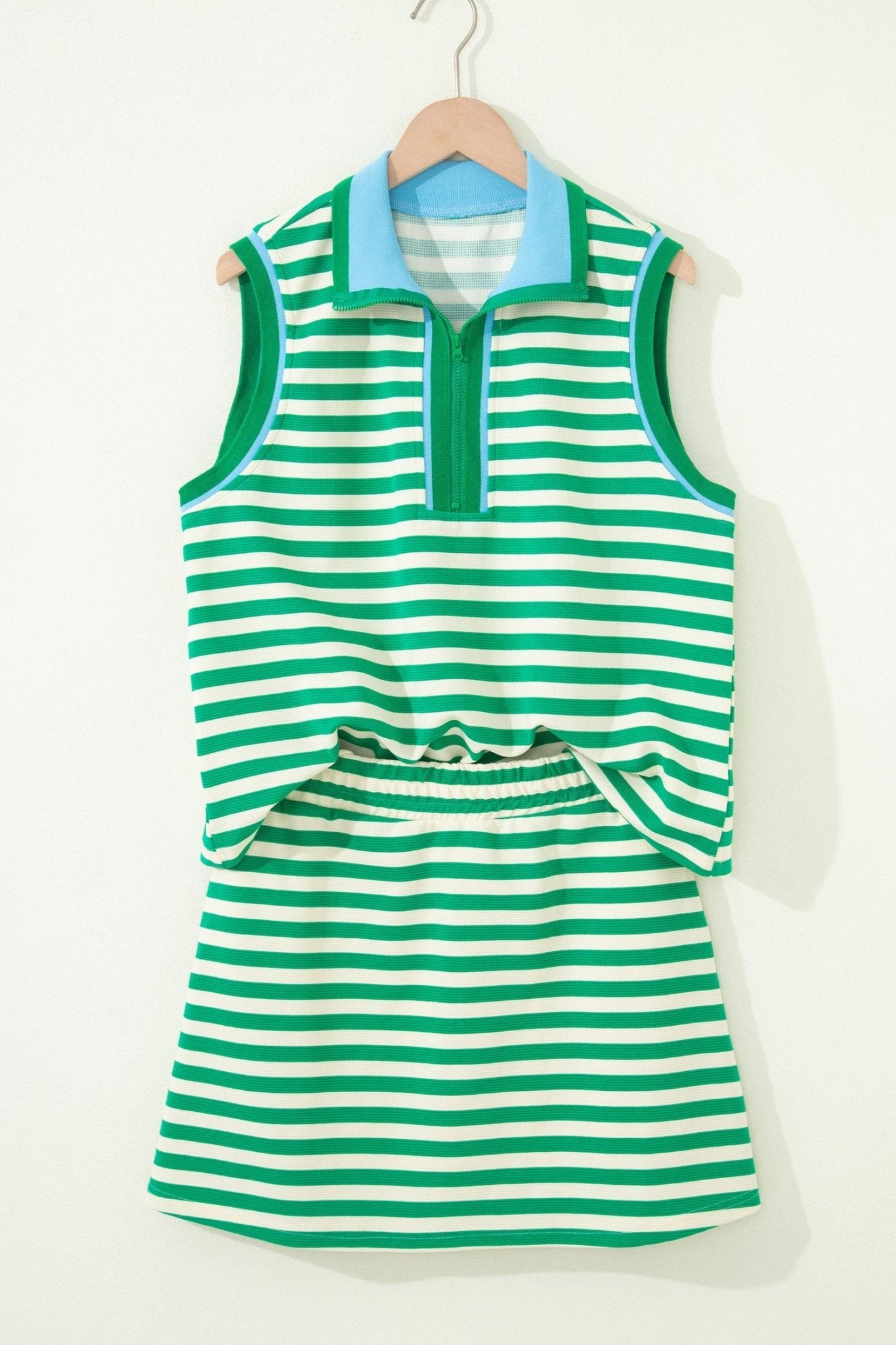 Stripe Textured Zip Collar Top & Skort Set - Rooted & Reckless Co.