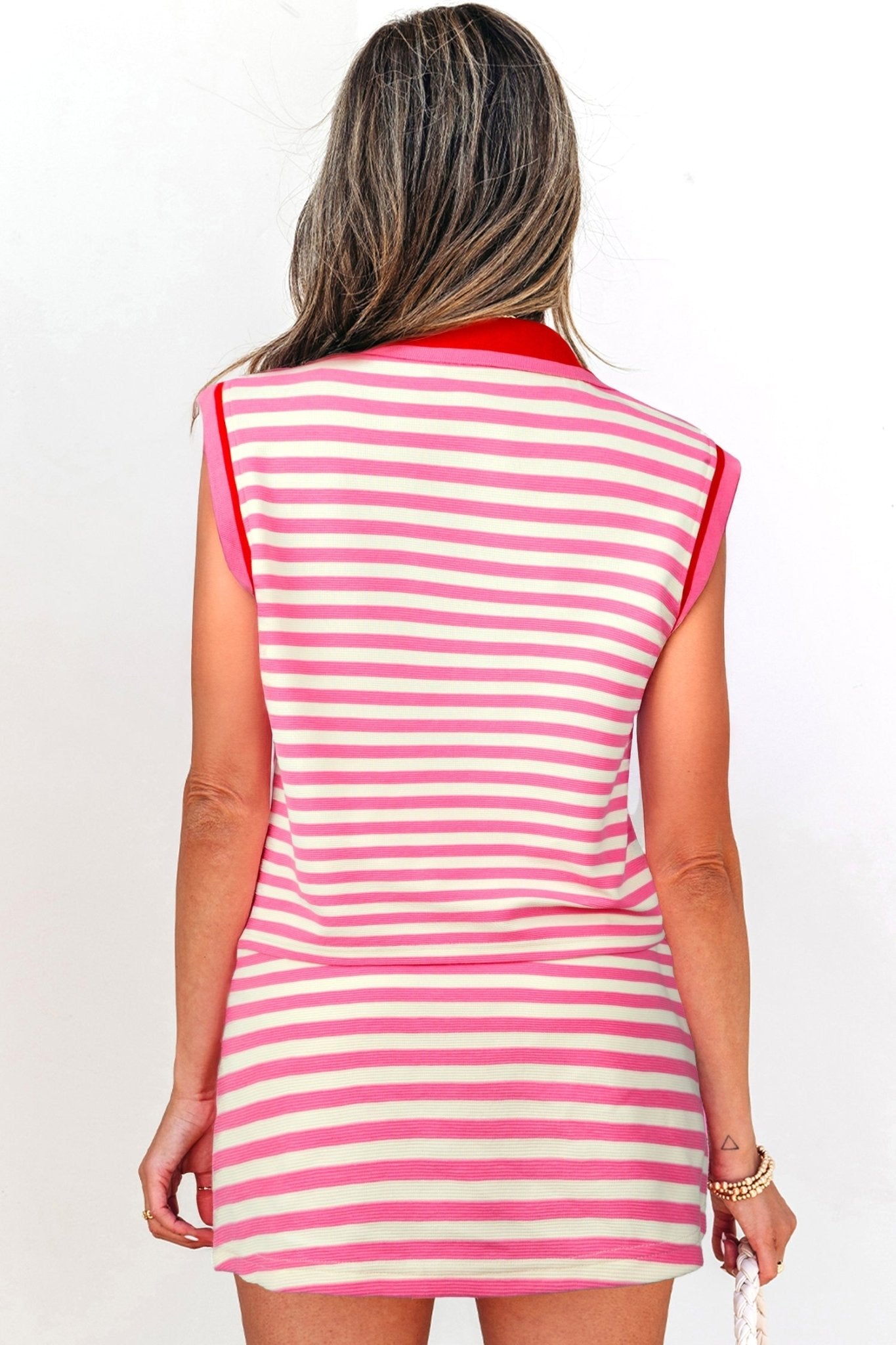 Stripe Textured Zip Collar Top & Skort Set - Rooted & Reckless Co.