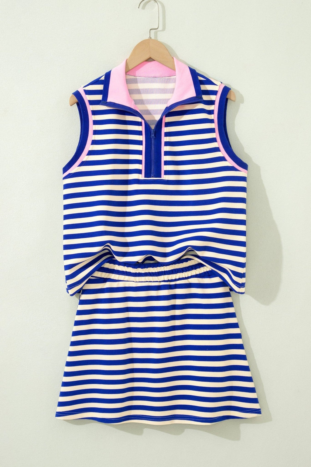 Stripe Textured Zip Collar Top & Skort Set - Rooted & Reckless Co.