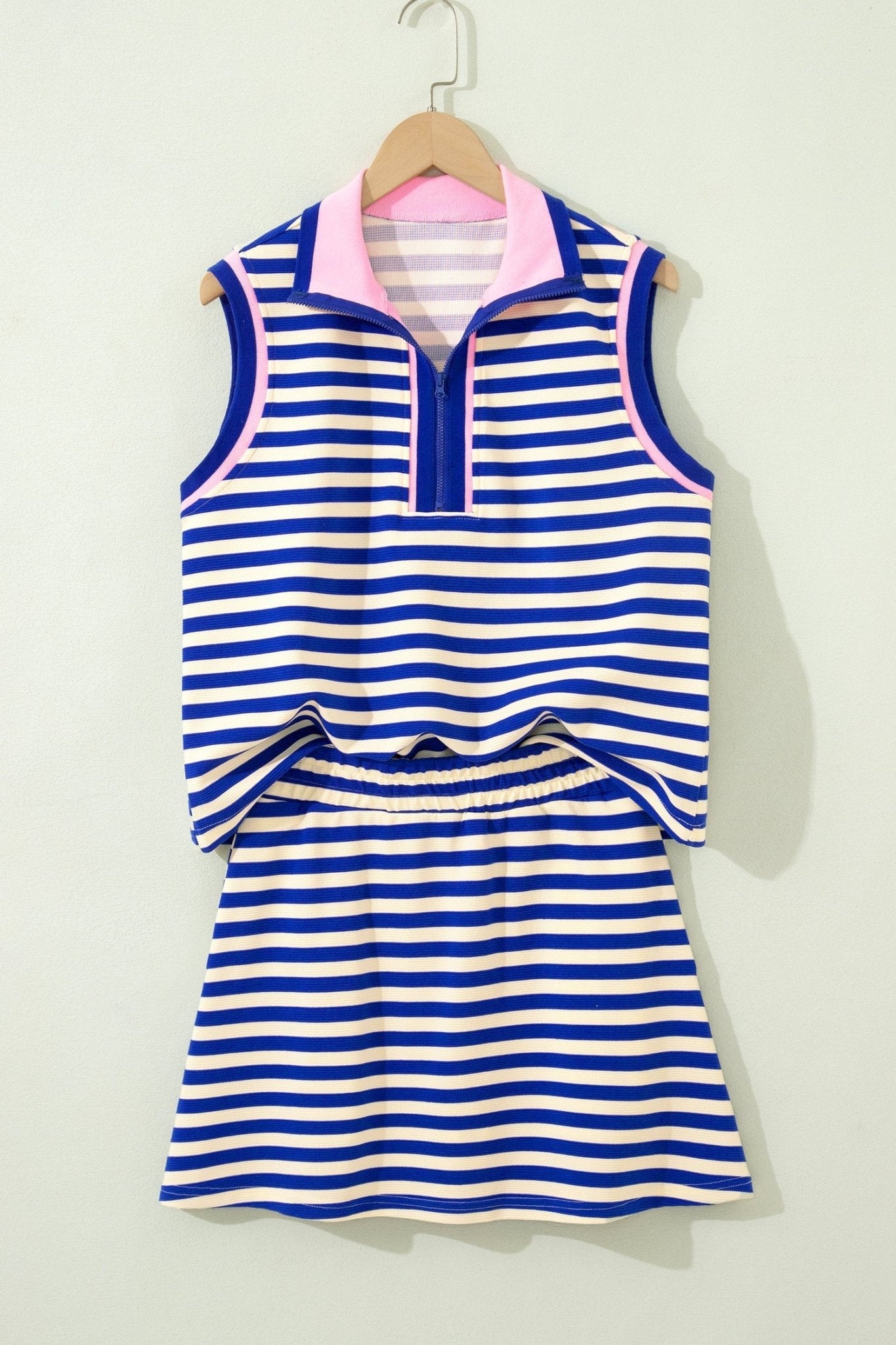 Stripe Textured Zip Collar Top & Skort Set - Rooted & Reckless Co.