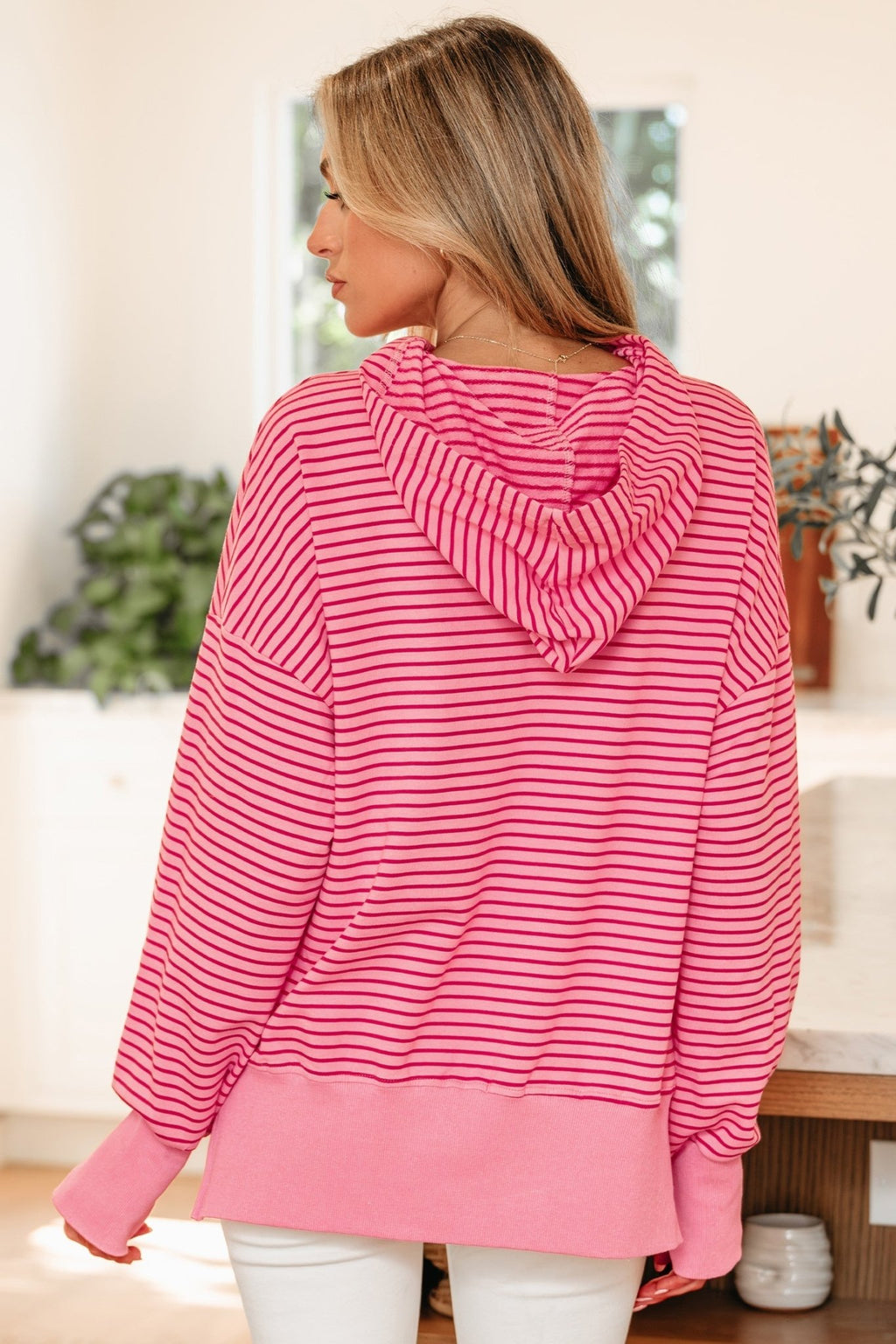 Stripe Thumbhole Sleeve Side Slit Drop Shoulder Hoodie - Rooted & Reckless Co.