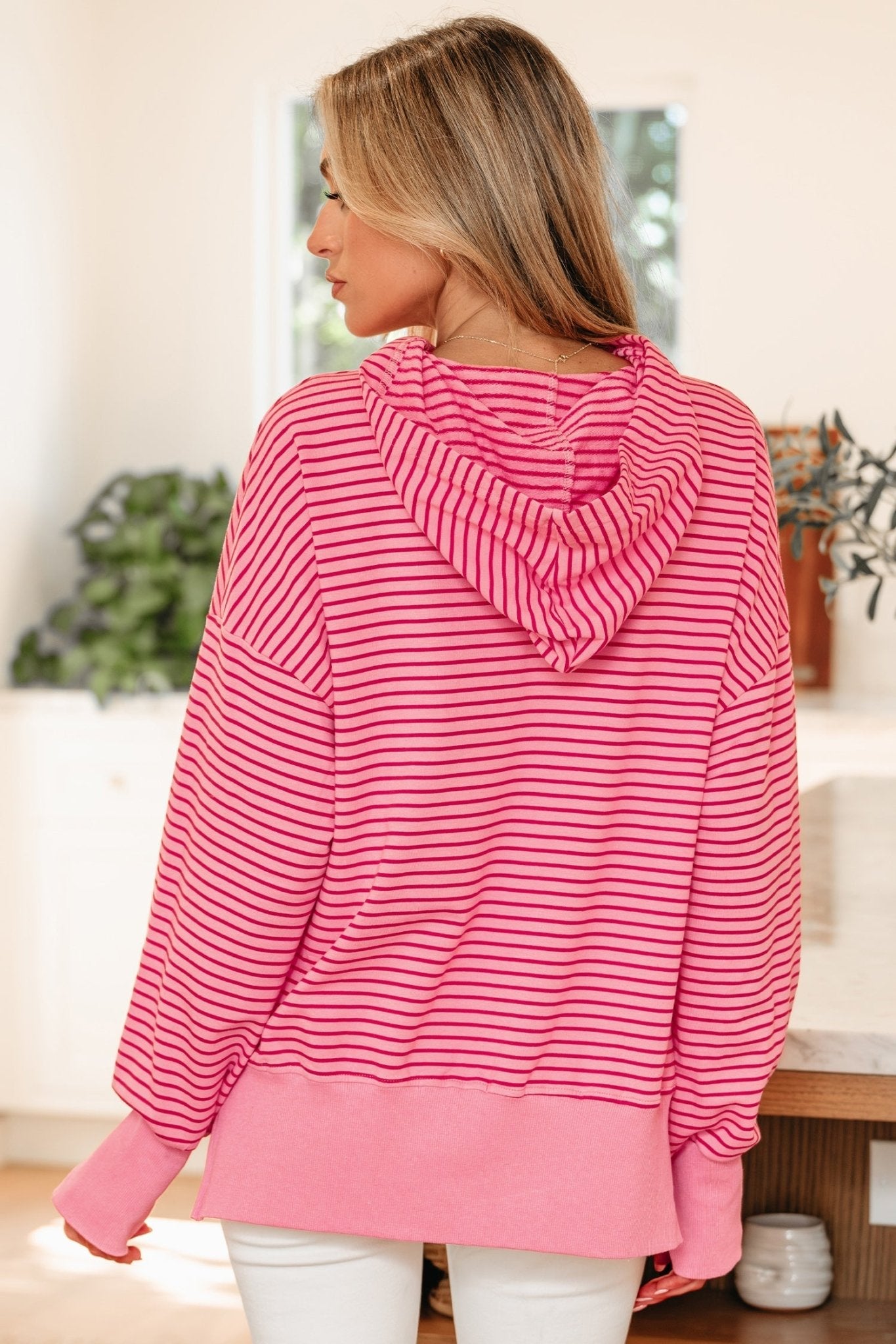 Stripe Thumbhole Sleeve Side Slit Drop Shoulder Hoodie - Rooted & Reckless Co.