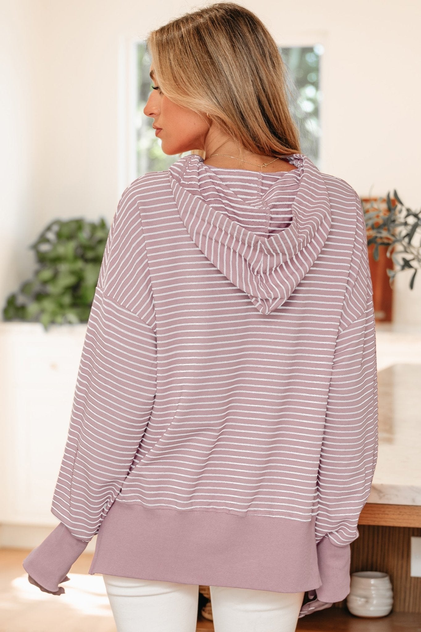 Stripe Thumbhole Sleeve Side Slit Drop Shoulder Hoodie - Rooted & Reckless Co.