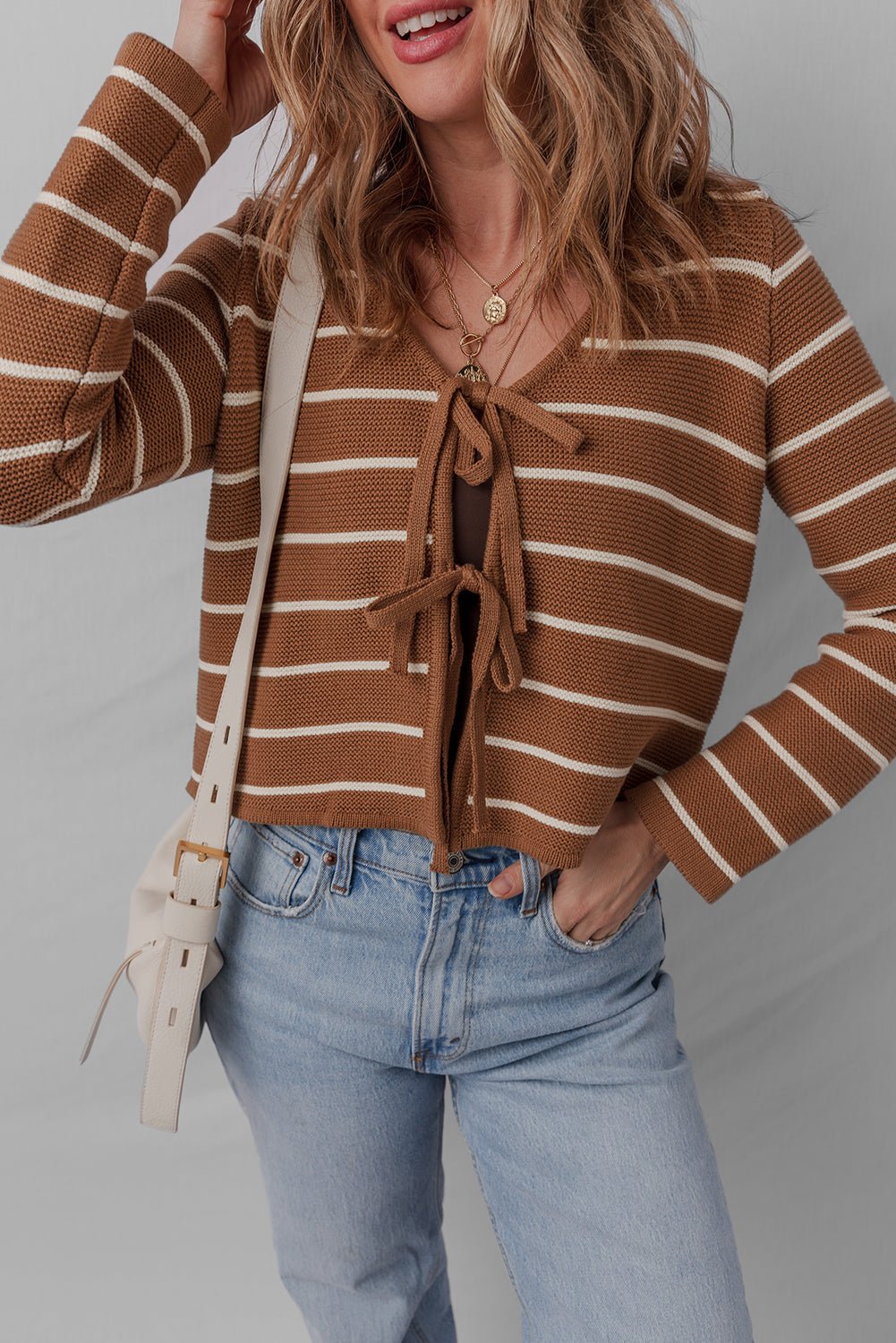 Stripe Tie-Front V-Neck Cardigan Sweater - Rooted & Reckless Co.
