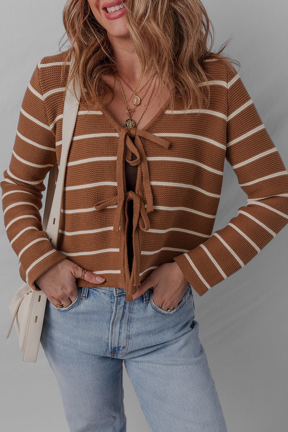 Stripe Tie-Front V-Neck Cardigan Sweater - Rooted & Reckless Co.