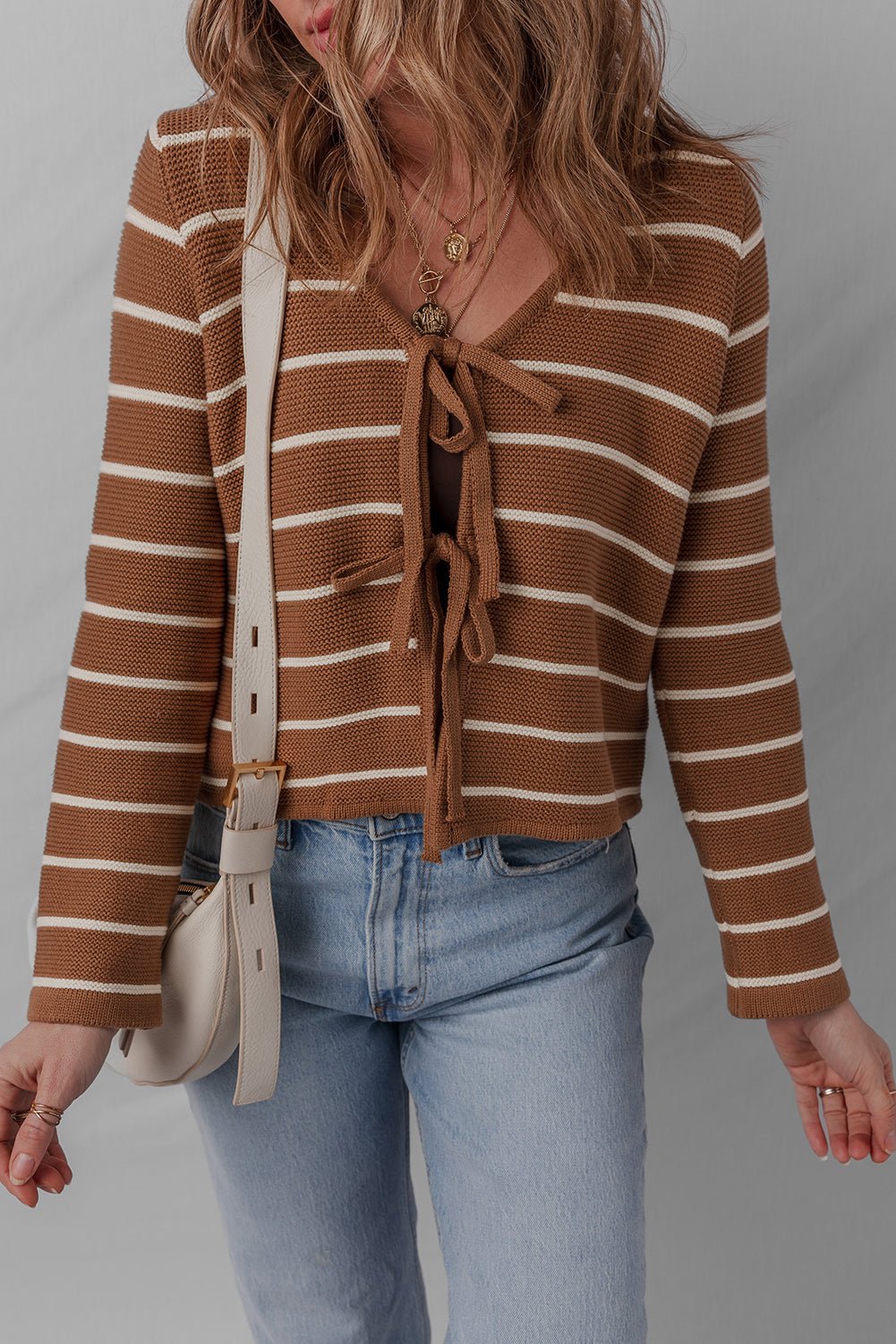 Stripe Tie-Front V-Neck Cardigan Sweater - Rooted & Reckless Co.