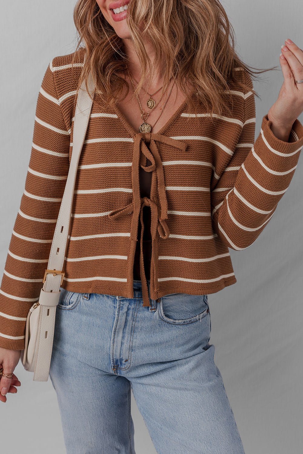 Stripe Tie-Front V-Neck Cardigan Sweater - Rooted & Reckless Co.