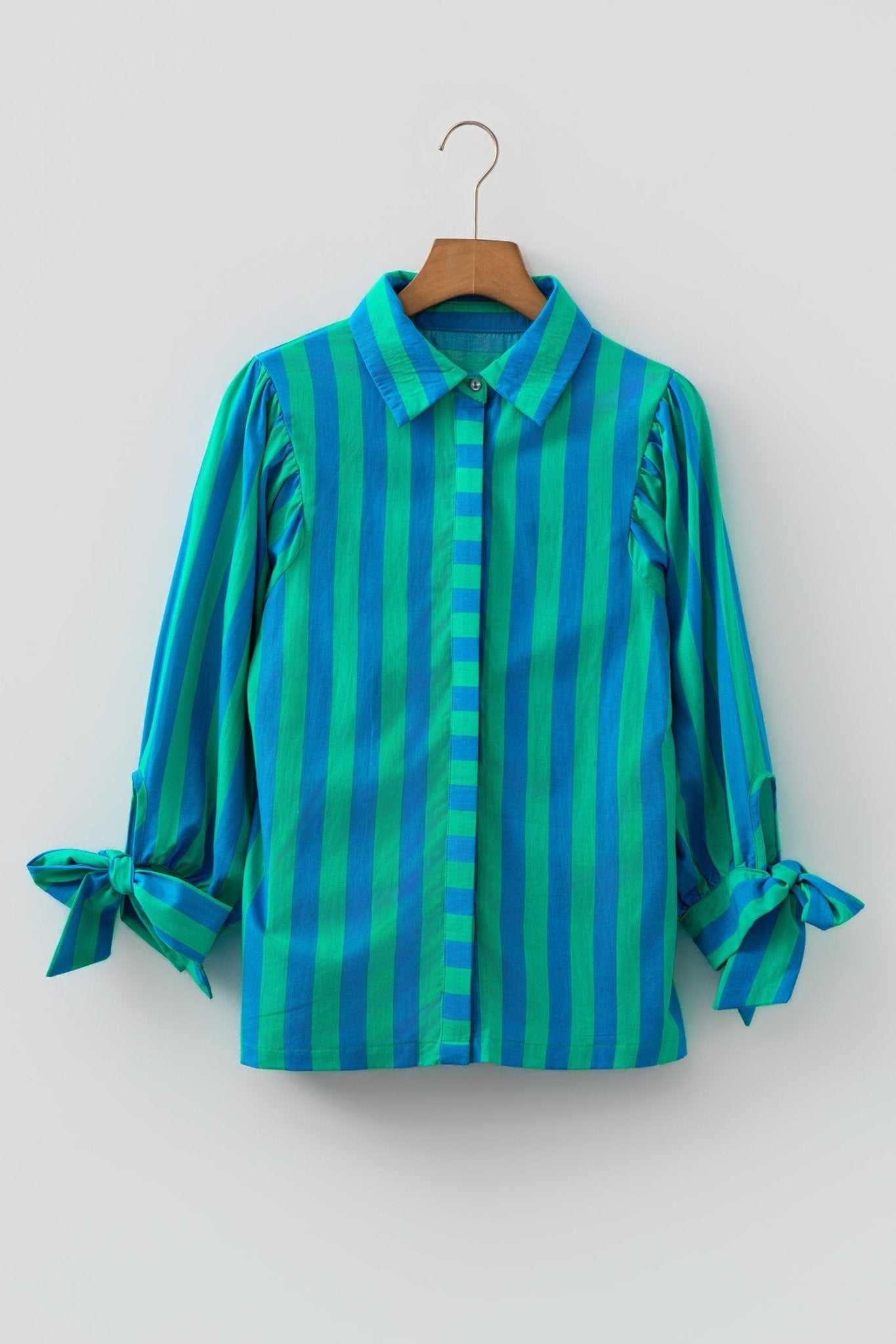 Stripe Tie Puff Sleeve Button Down Shirt - Rooted & Reckless Co.