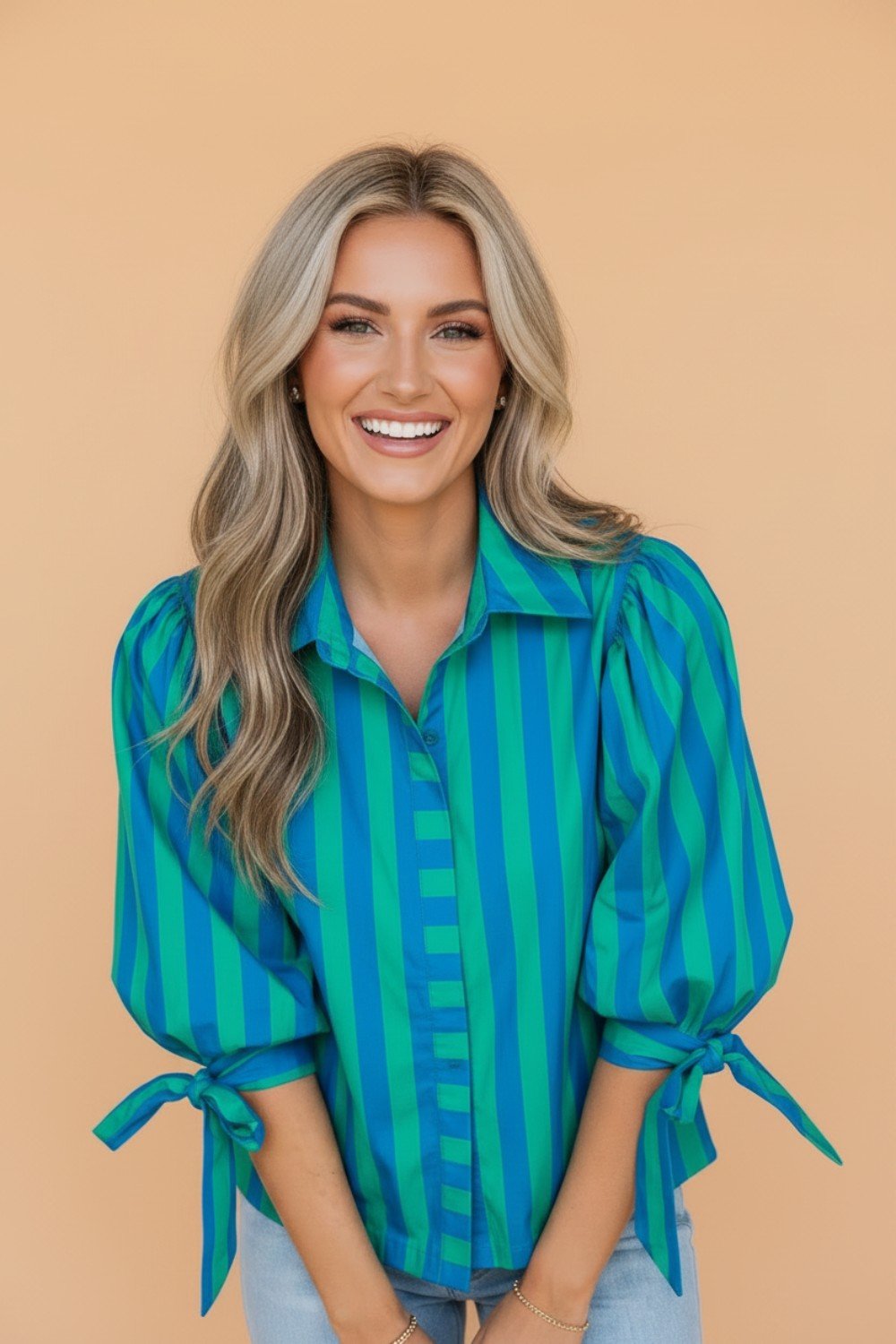 Stripe Tie Puff Sleeve Button Down Shirt - Rooted & Reckless Co.