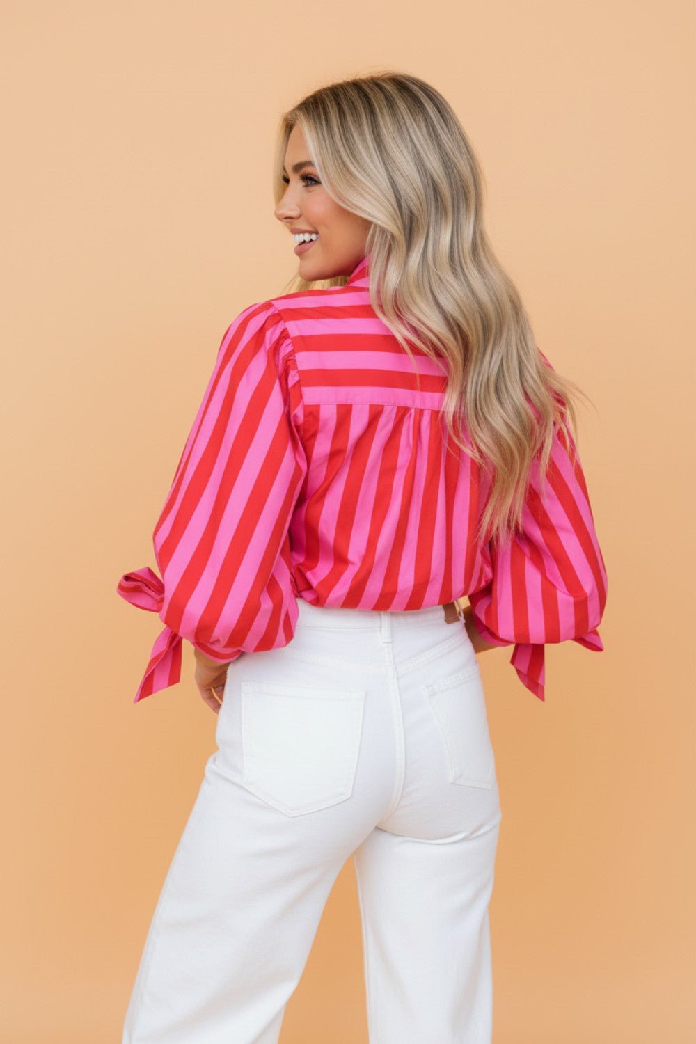 Stripe Tie Puff Sleeve Button Down Shirt - Rooted & Reckless Co.