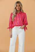 Stripe Tie Puff Sleeve Button Down Shirt - Rooted & Reckless Co.