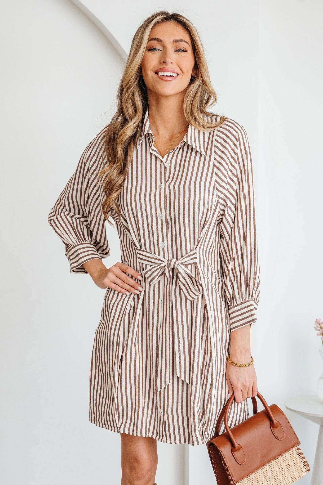 Stripe Tie Waist Puff Sleeve Mini Shirt Dress - Rooted & Reckless Co.