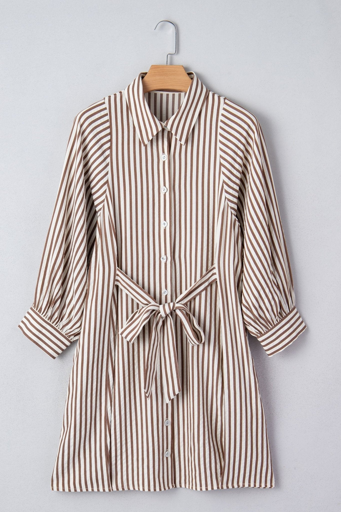 Stripe Tie Waist Puff Sleeve Mini Shirt Dress - Rooted & Reckless Co.