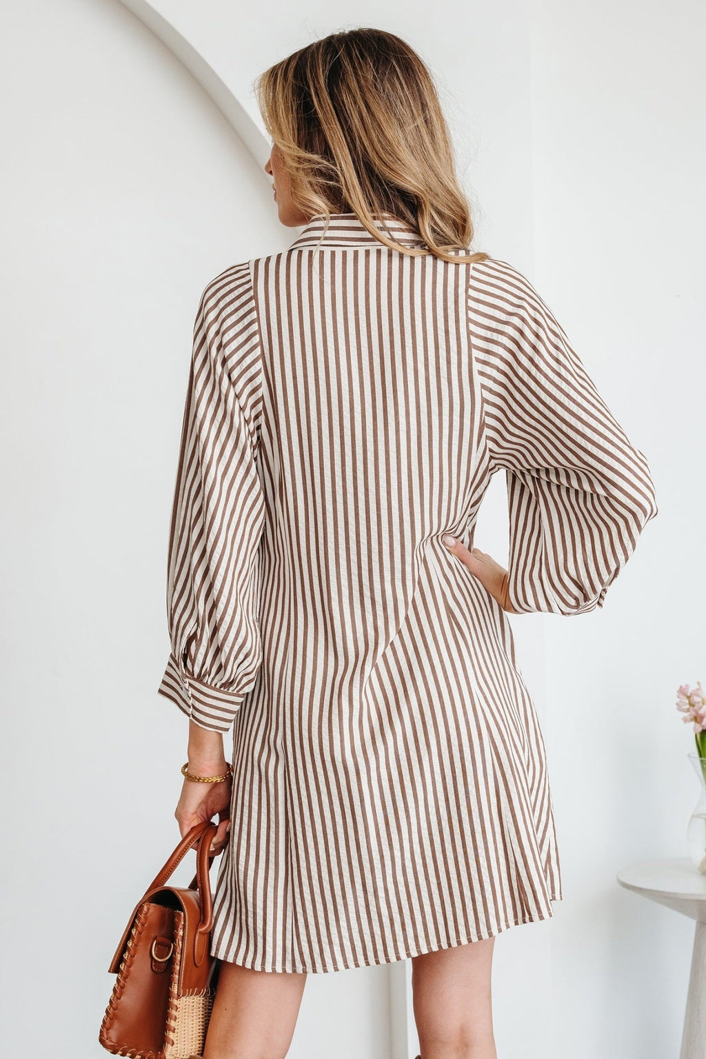 Stripe Tie Waist Puff Sleeve Mini Shirt Dress - Rooted & Reckless Co.
