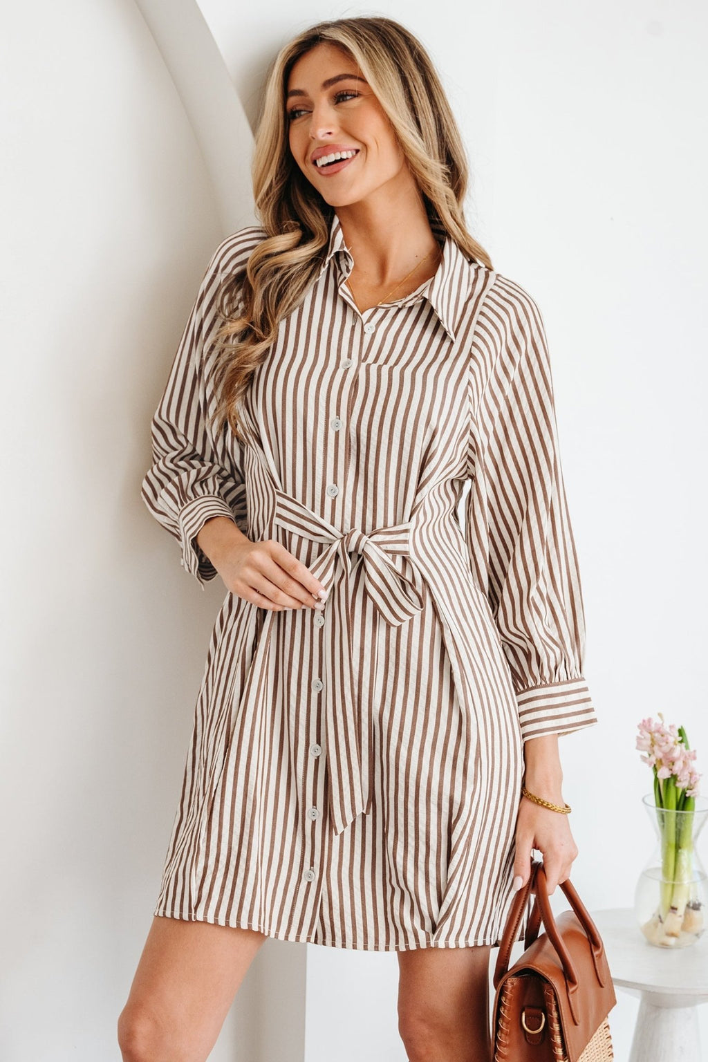 Stripe Tie Waist Puff Sleeve Mini Shirt Dress - Rooted & Reckless Co.