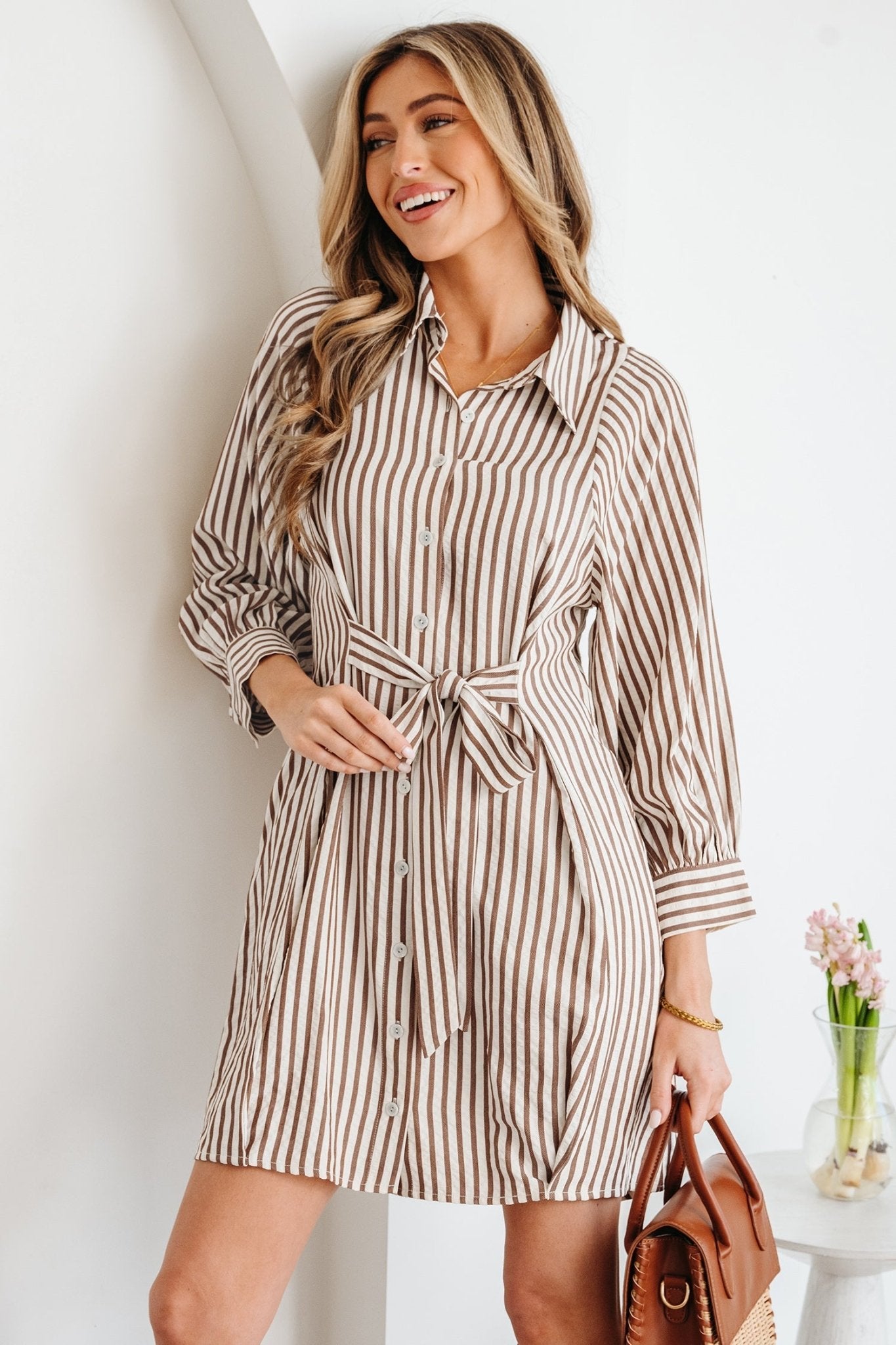 Stripe Tie Waist Puff Sleeve Mini Shirt Dress - Rooted & Reckless Co.