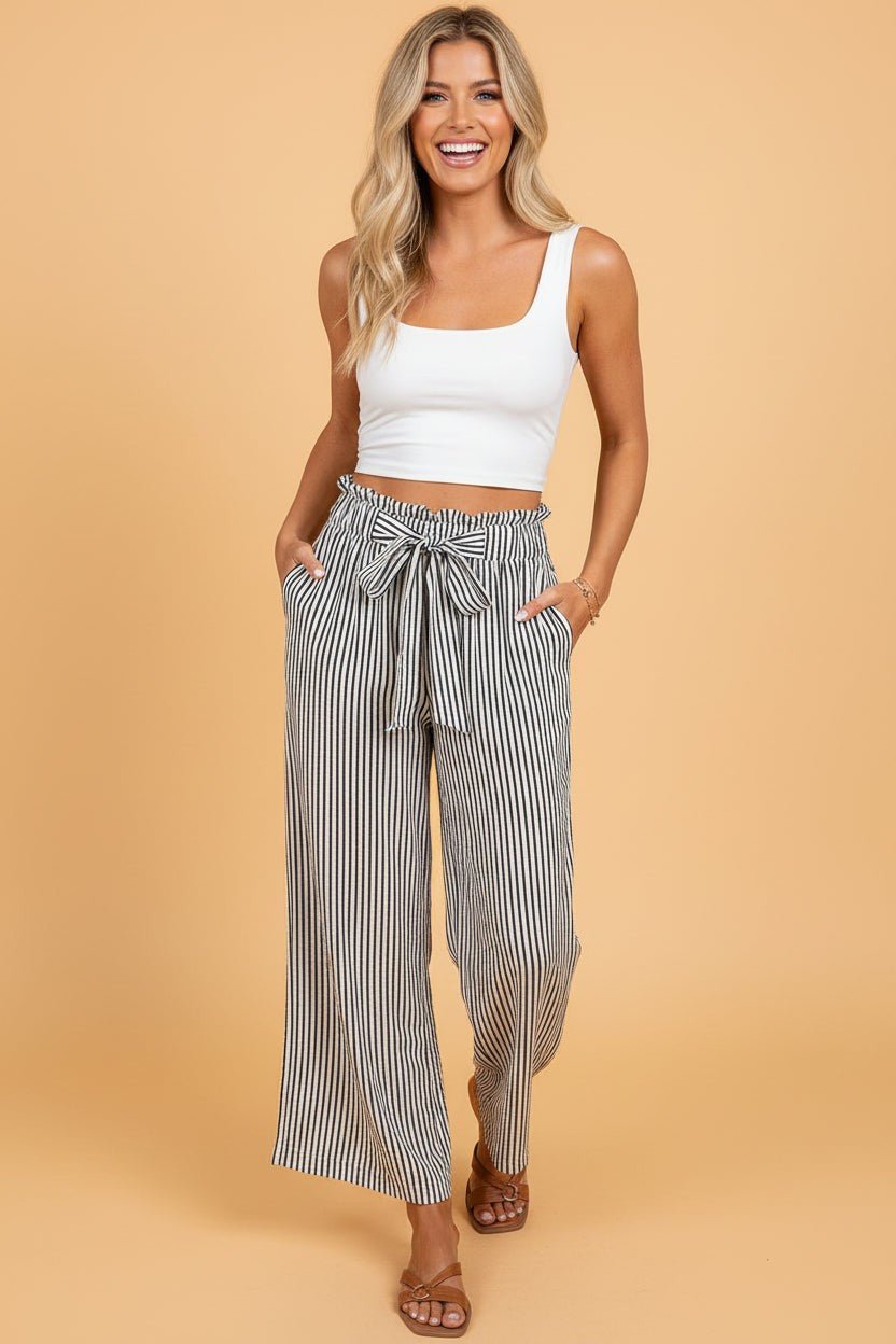 Stripe Tied High Waist Straight Leg Pants - Rooted & Reckless Co.